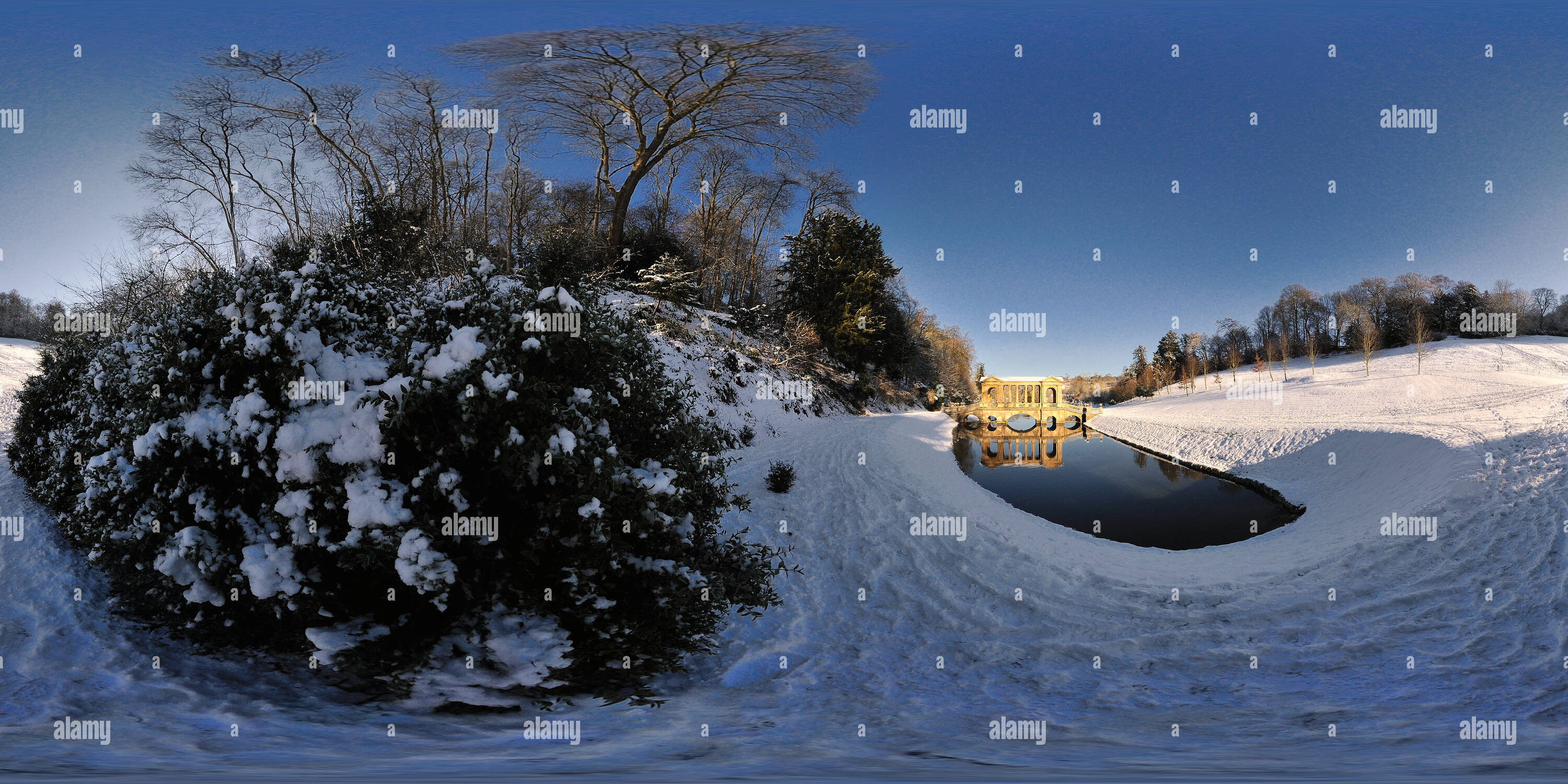 360 degree panoramic view of The Palladian Bridge at Prior Park under a blanket of snow, Bath. VR