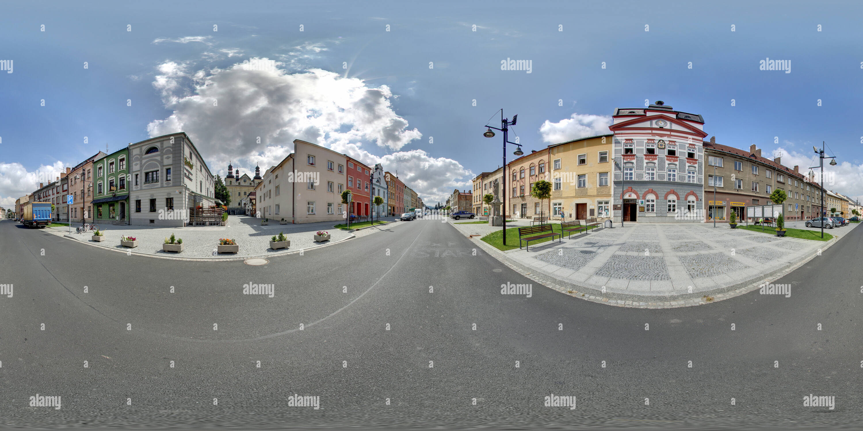 360 degree panoramic view of Zlaté Hory, town hall