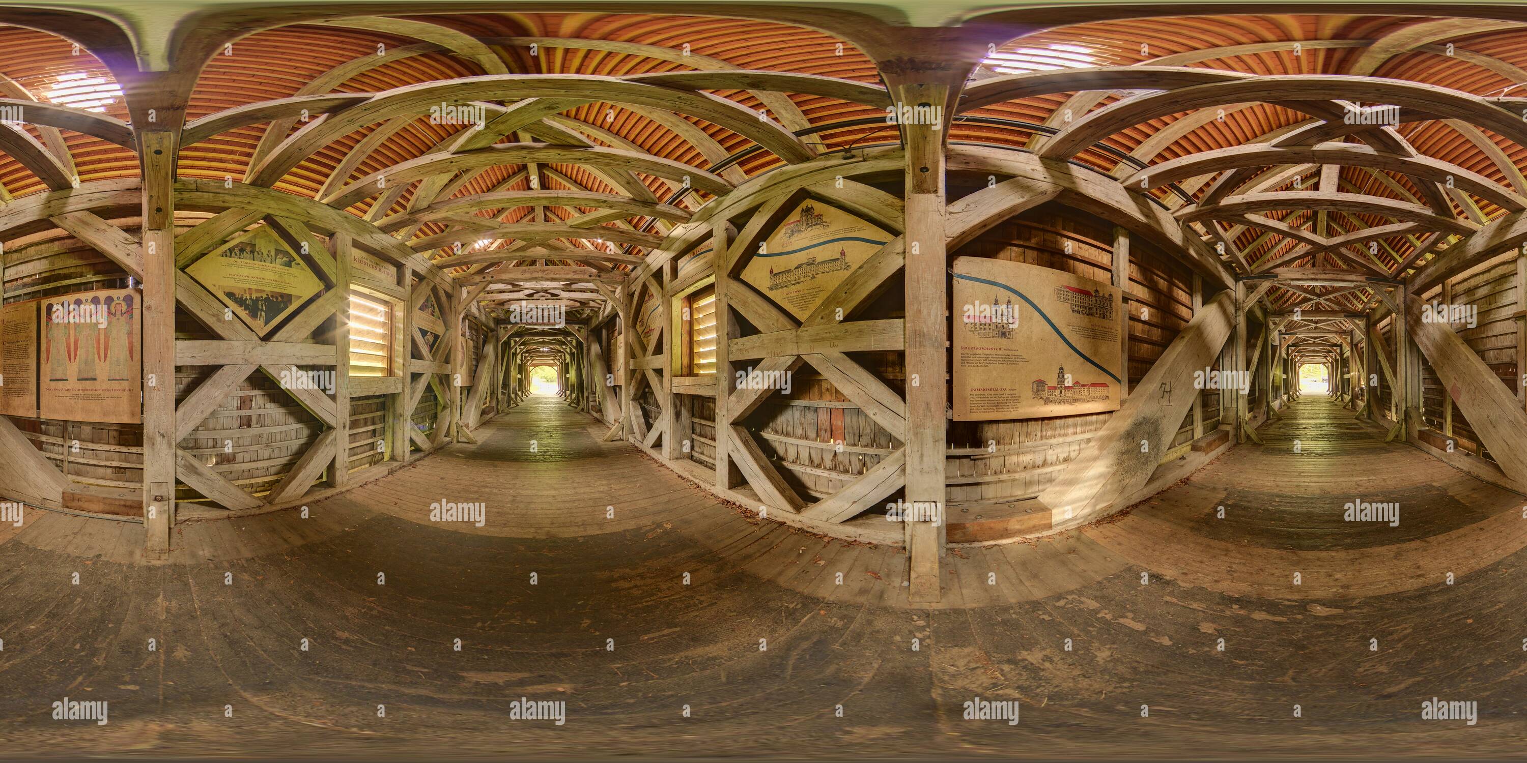 360 degree panoramic view of Beuron Covered Wooden Bridge With Historical plaques about the Archabbey St. Martin  3672