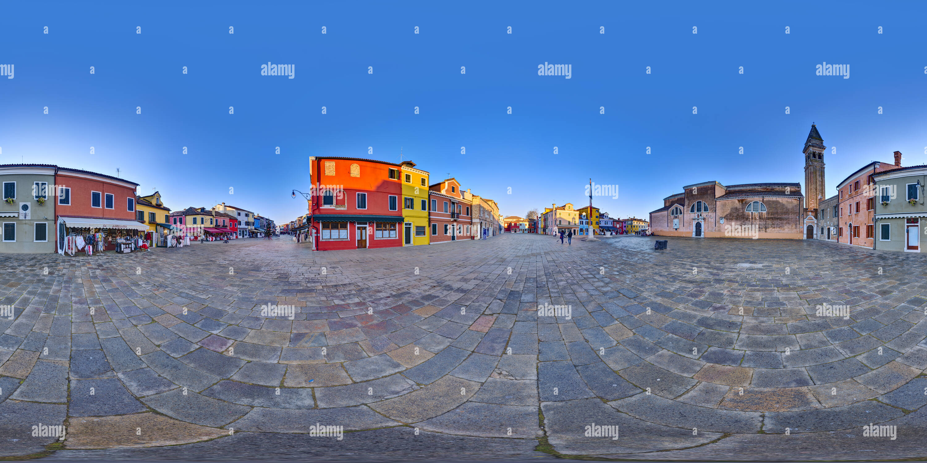 360 degree panoramic view of Piazza Baldassare Galuppi, Burano, Venice, Italy