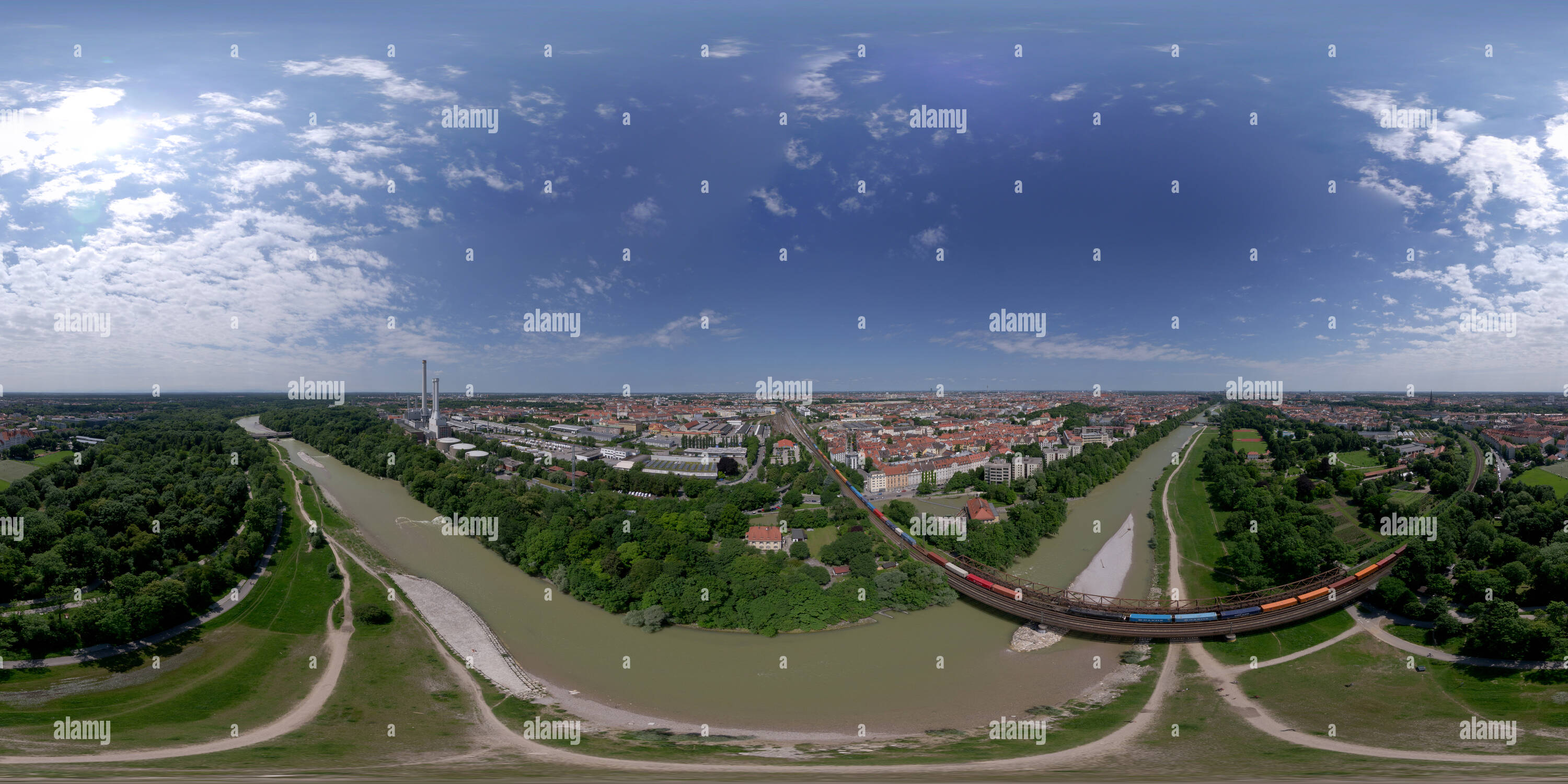 360 degree panoramic view of Isar River crossing Munich, Aerial View