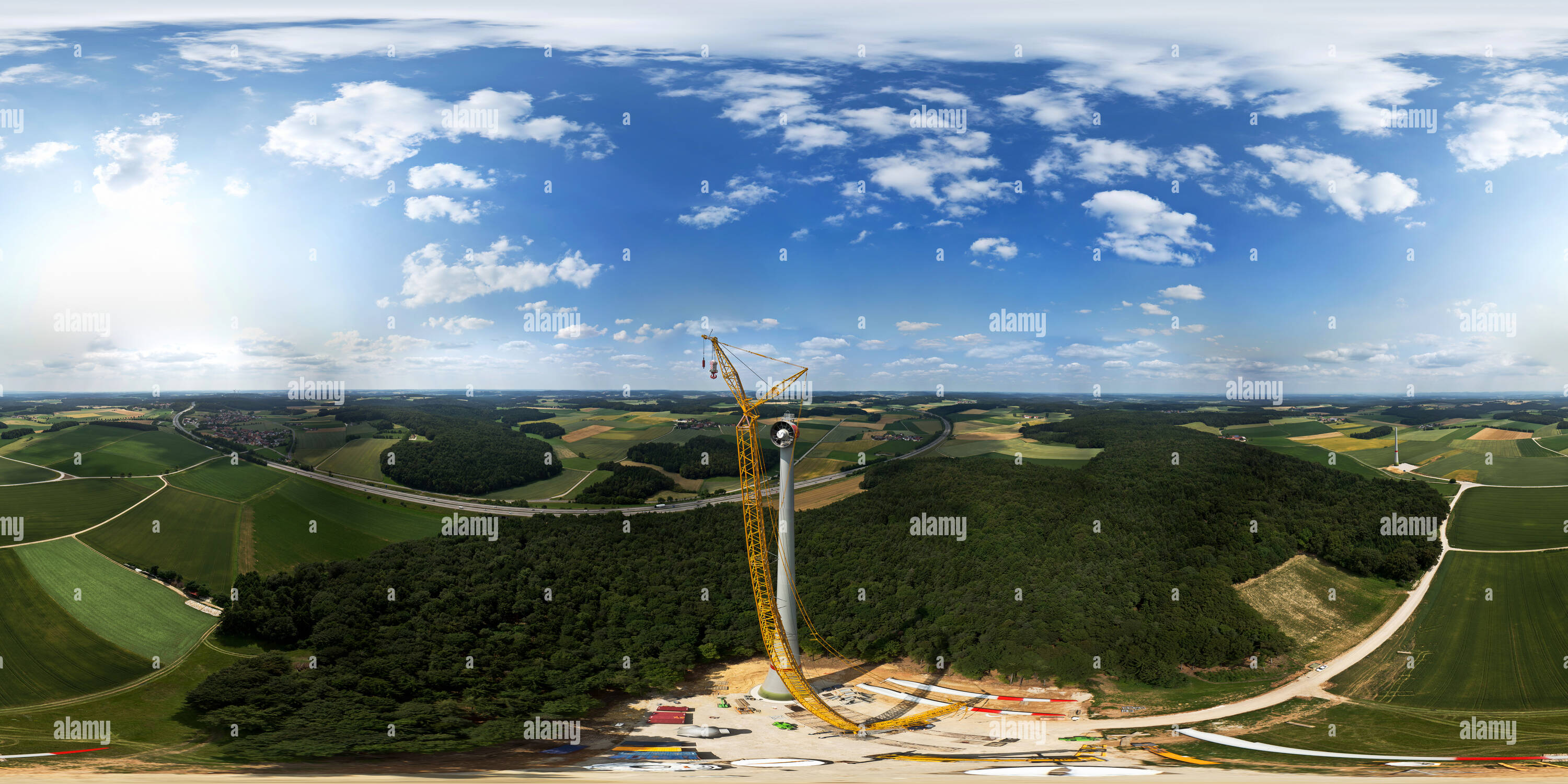 360 degree panoramic view of Wind Power Plant Brenntenberg II, Enercon E101, Aerial View