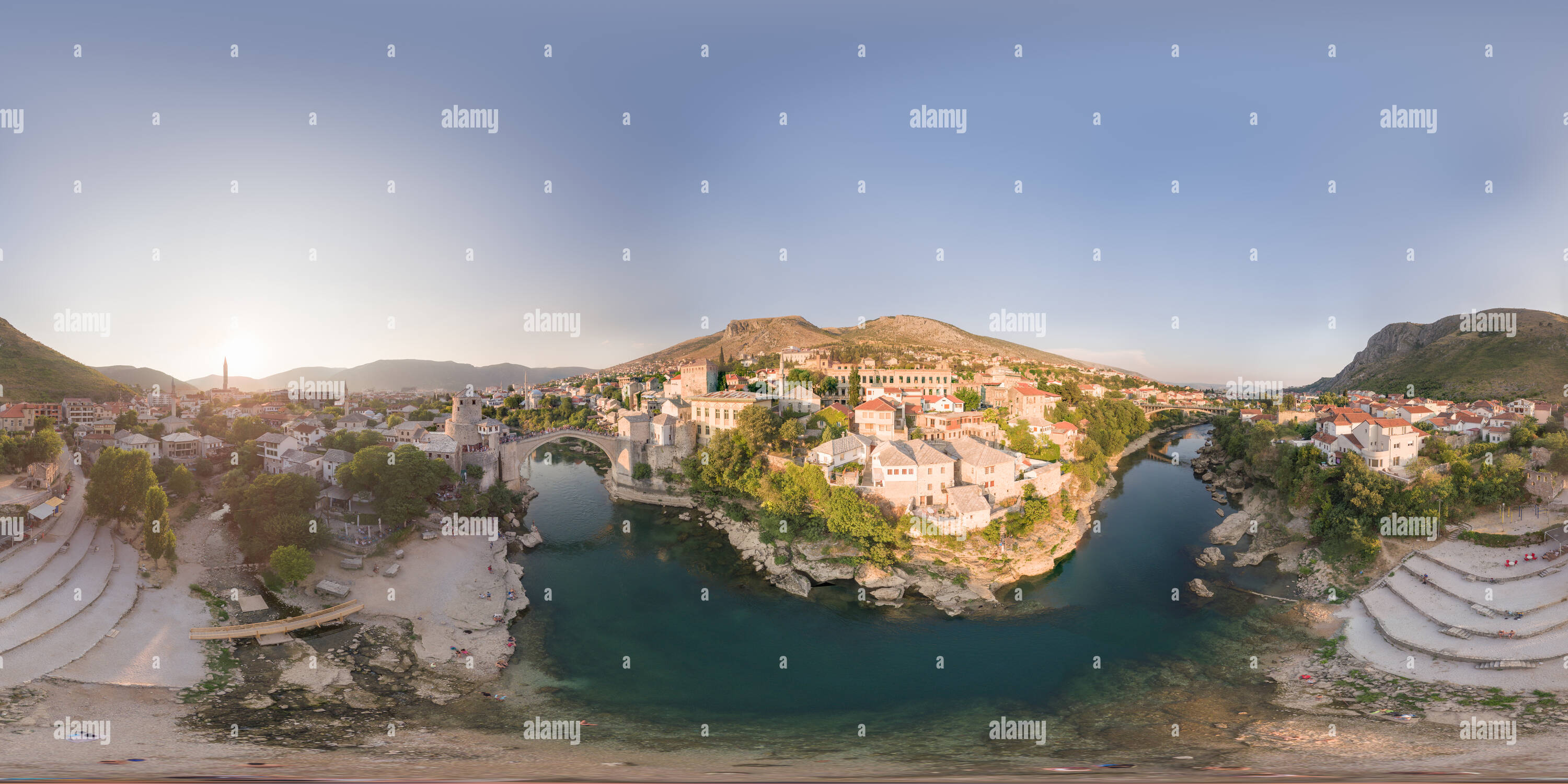 360 degree panoramic view of over Old Bridge in Mostar