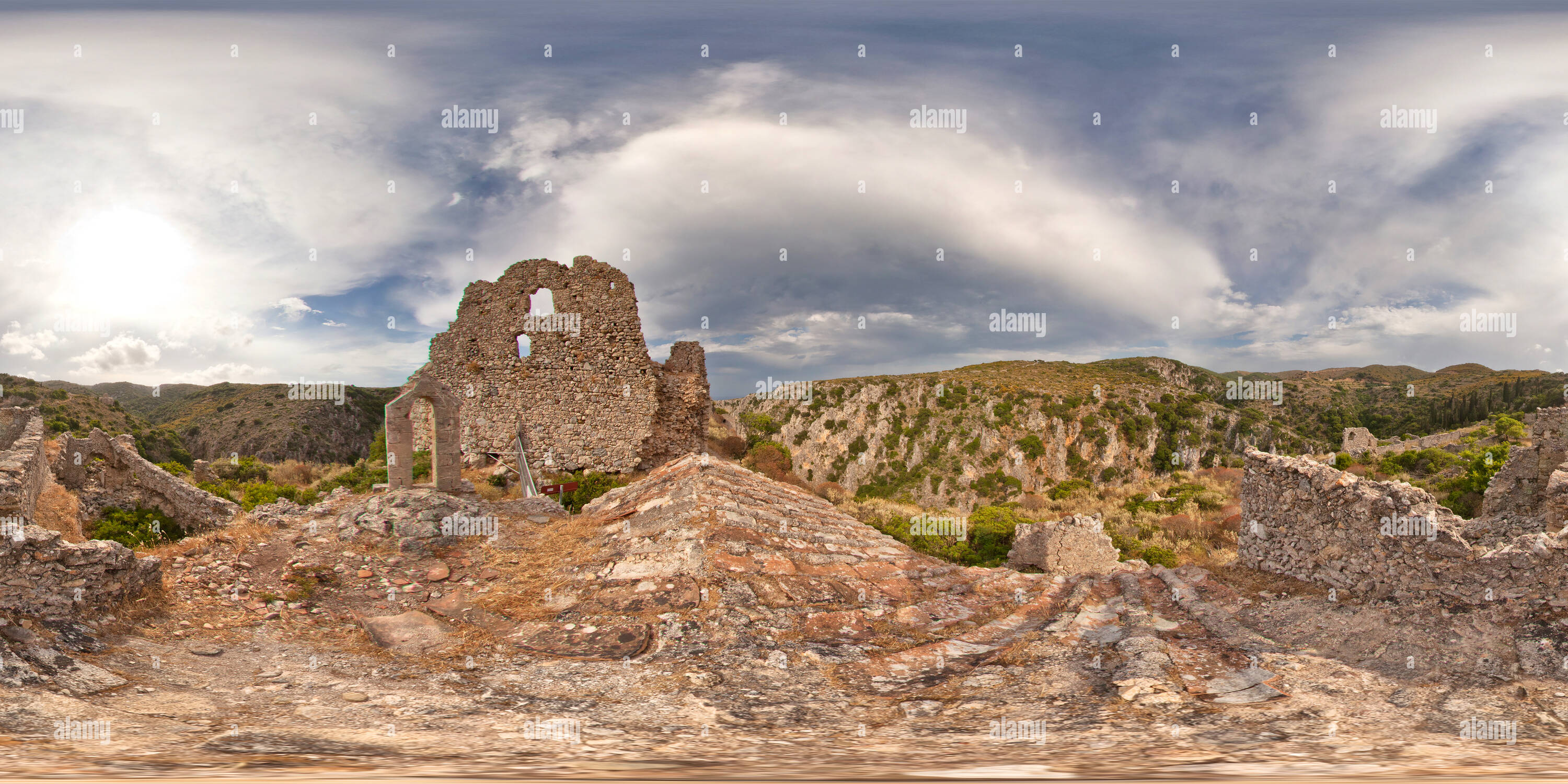360 degree panoramic view of Paleochora castle, Kithira island, Greece