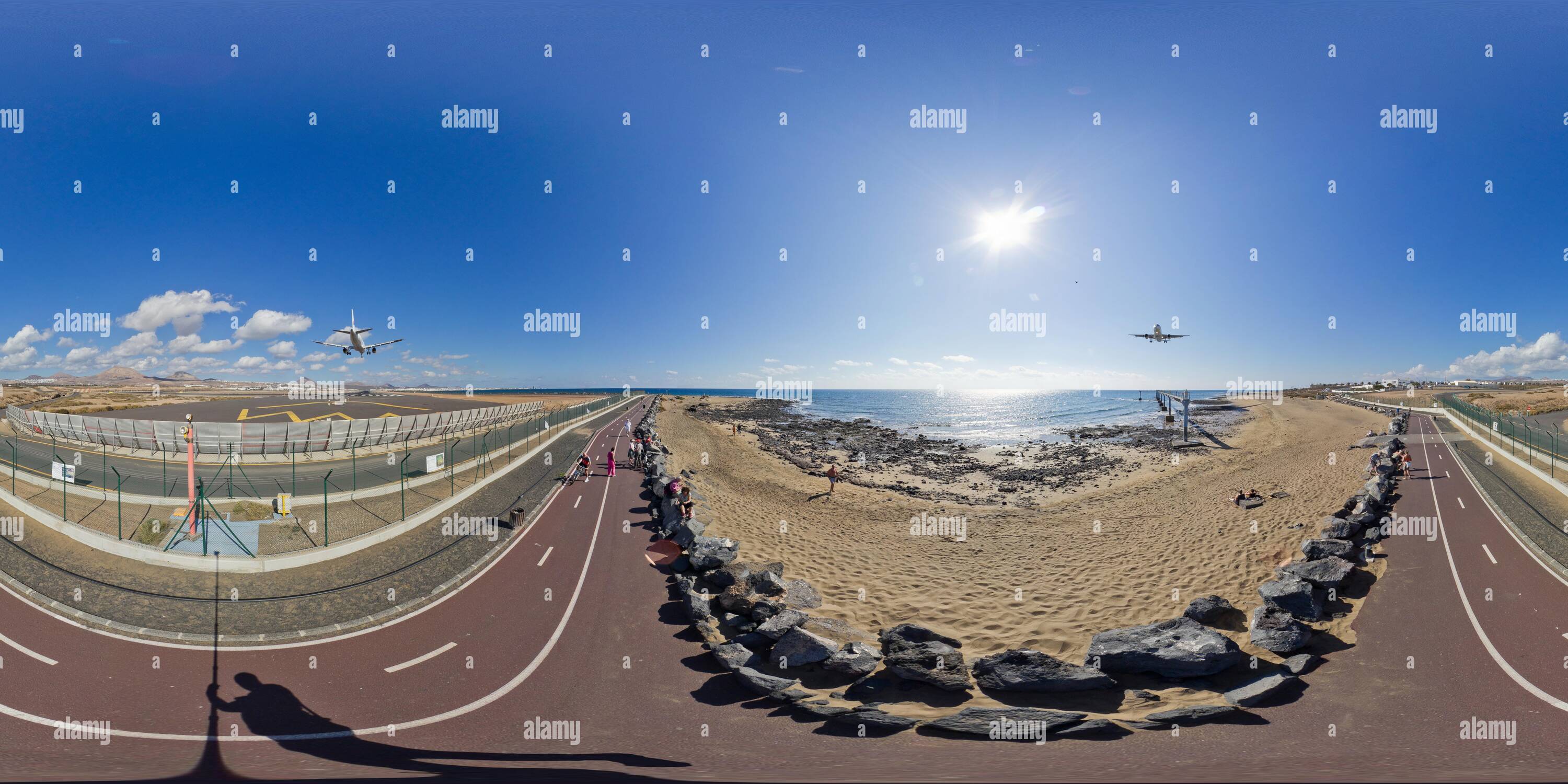 360 degree panoramic view of Aircraft approaching runway for landing at Lanzarote airport Arrecife