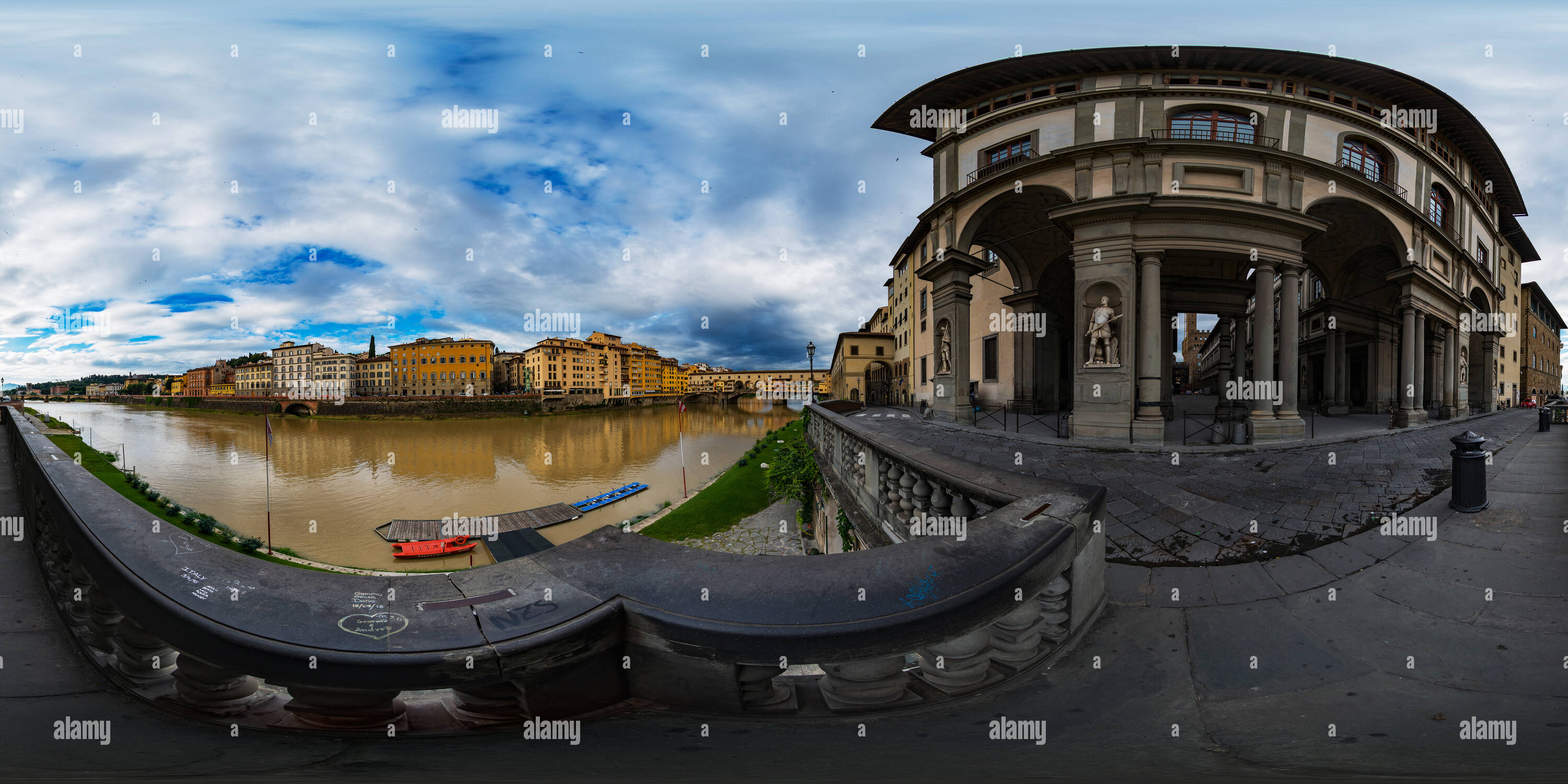 360 degree panoramic view of Florence - View to the Ponte Vecchio from the River Arno near the Uffizi Gallery