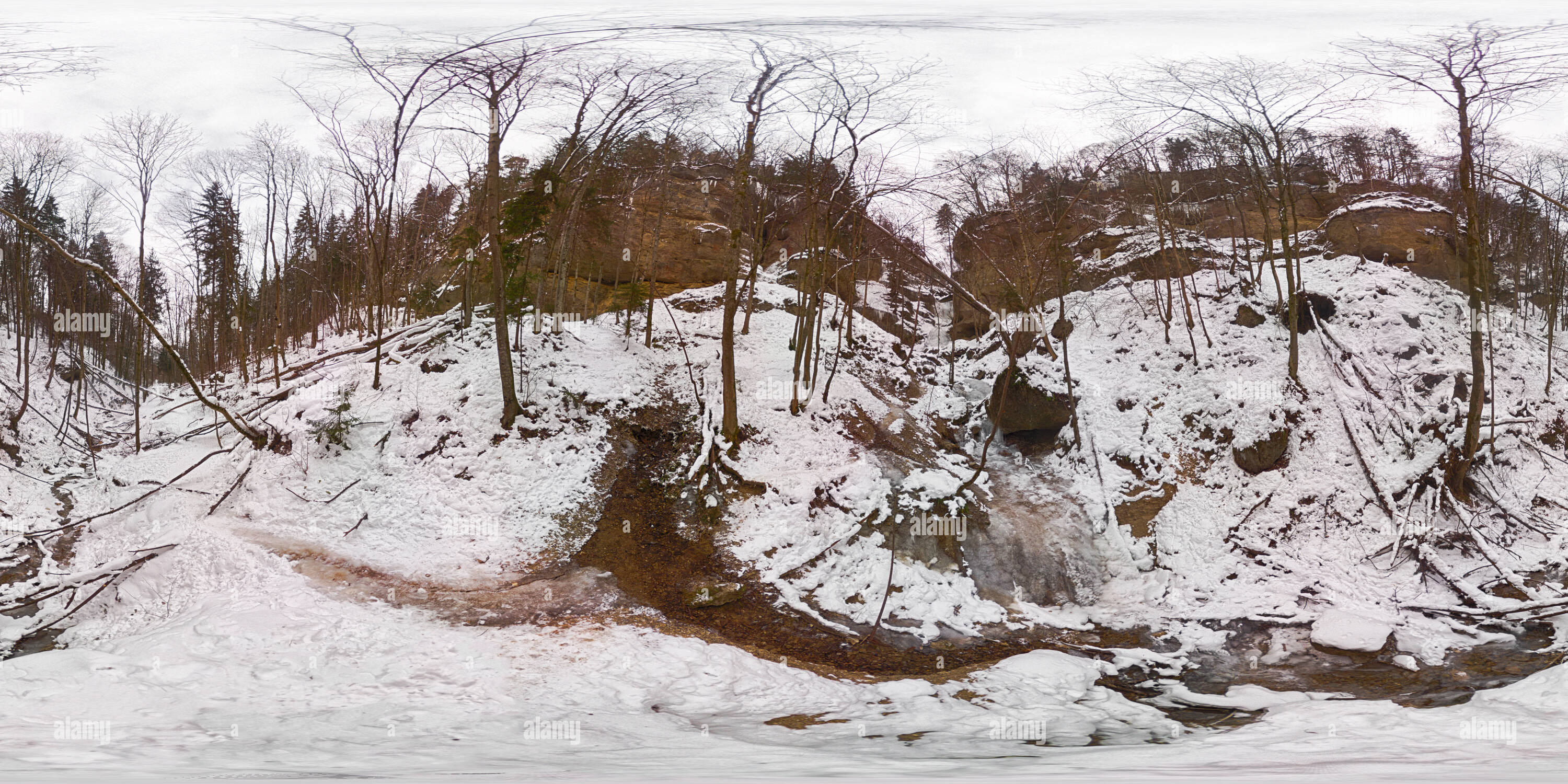 360 degree panoramic view of Ebenthal Waterfall in Winter