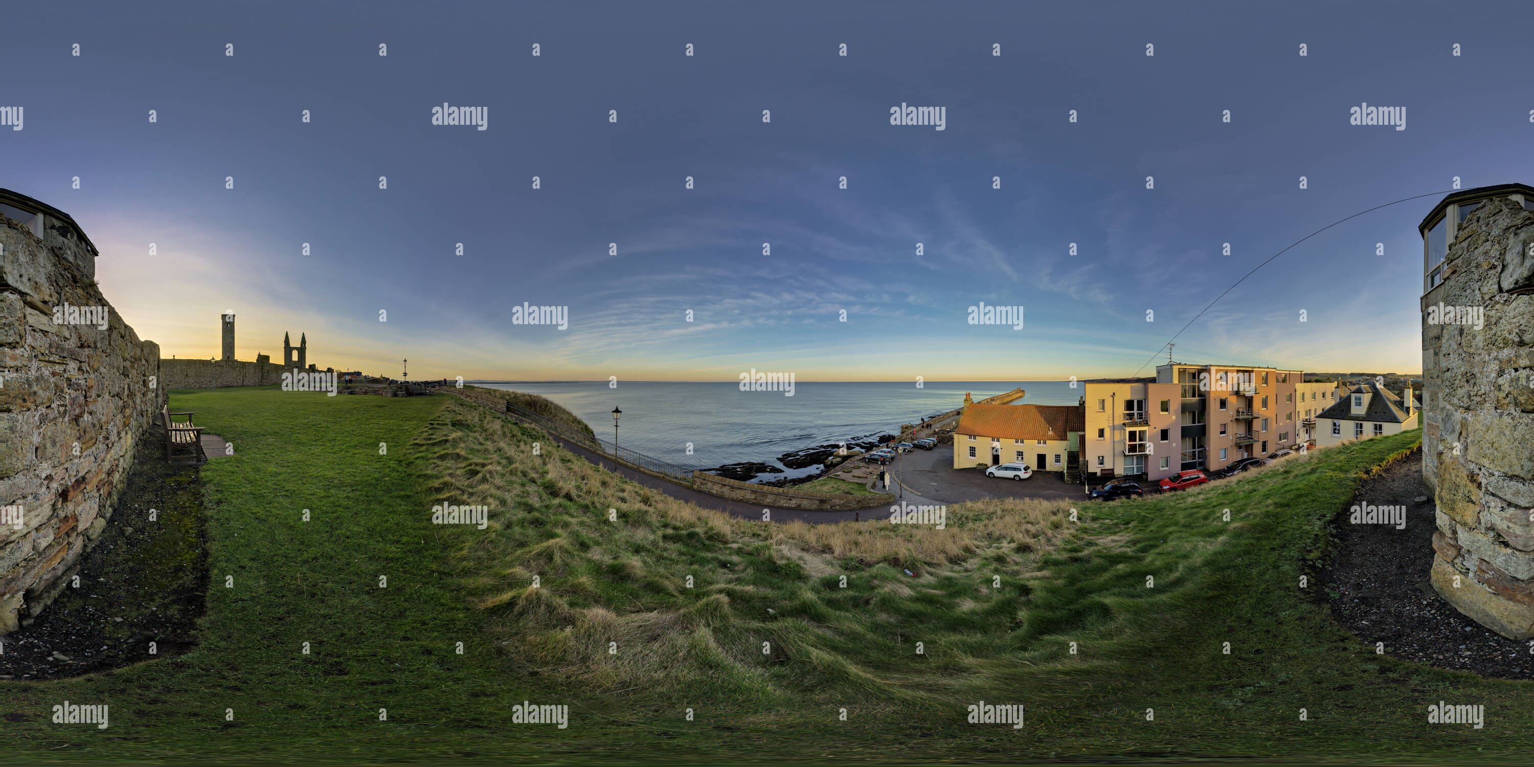 360° view of Sunset over St Andrews Cathedral and Long Pier, Scotland