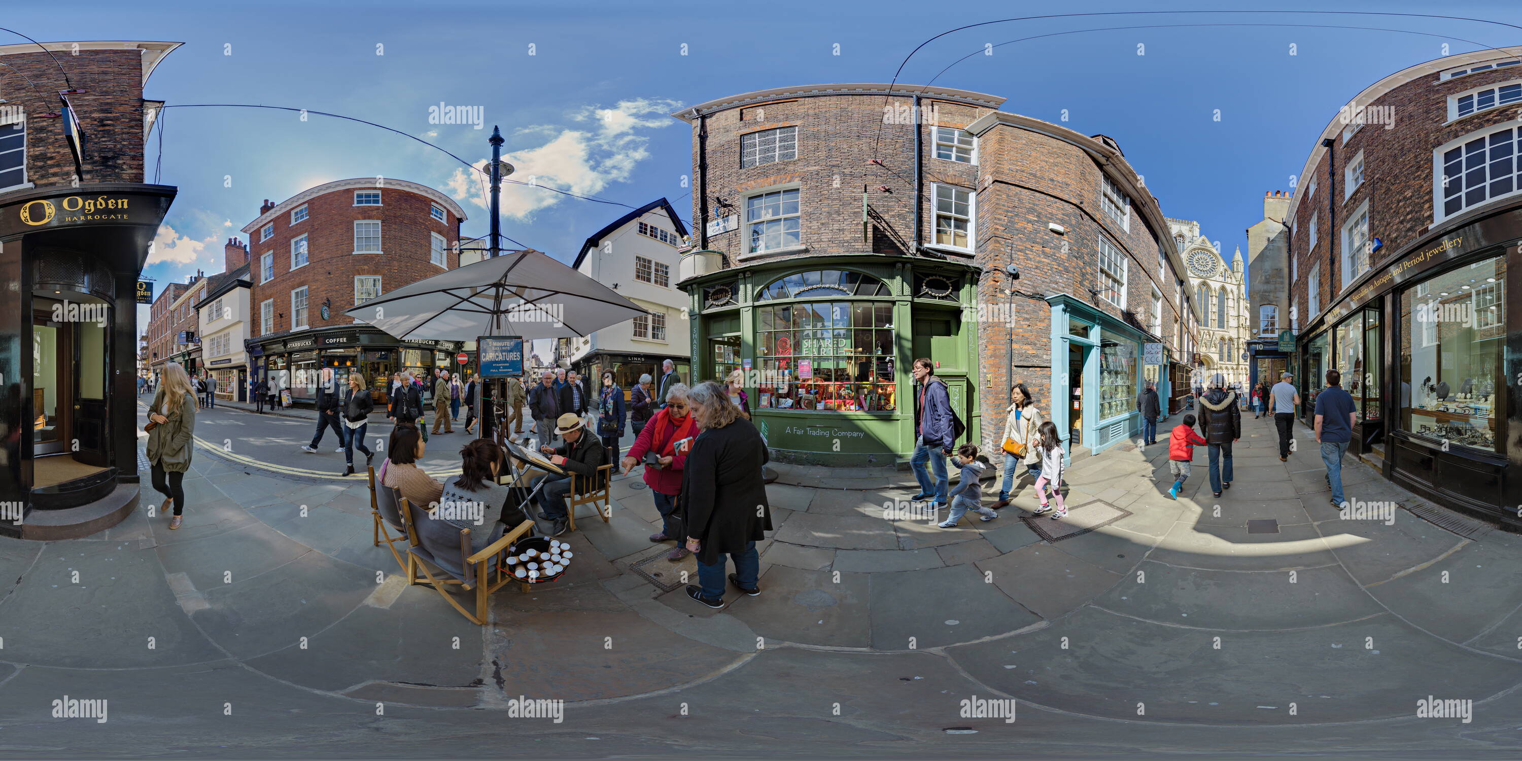 360 degree panoramic view of Street Artist, Minster Gates, York, England