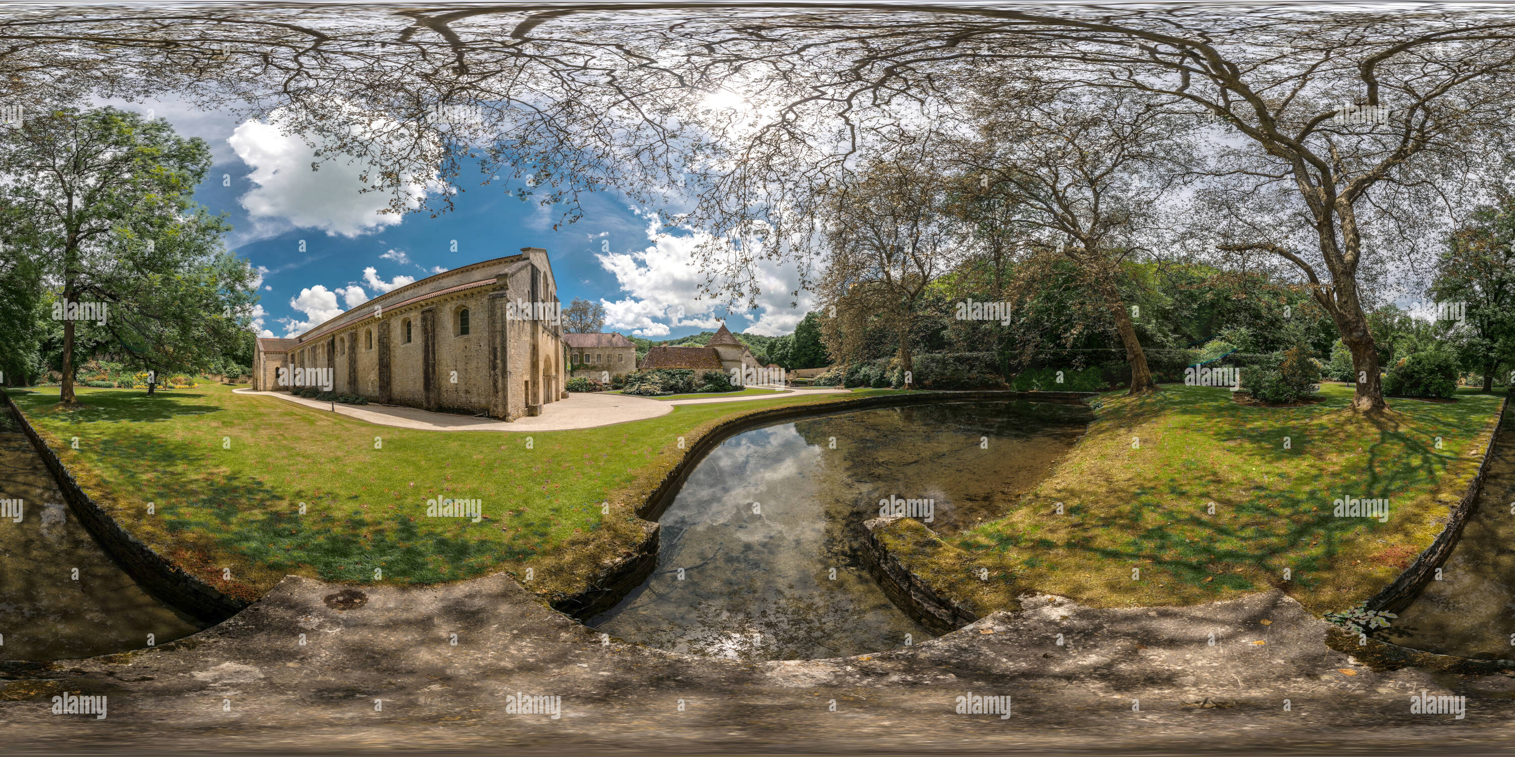 360 degree panoramic view of Fontenay Abbey - Garden of Saint Bernard