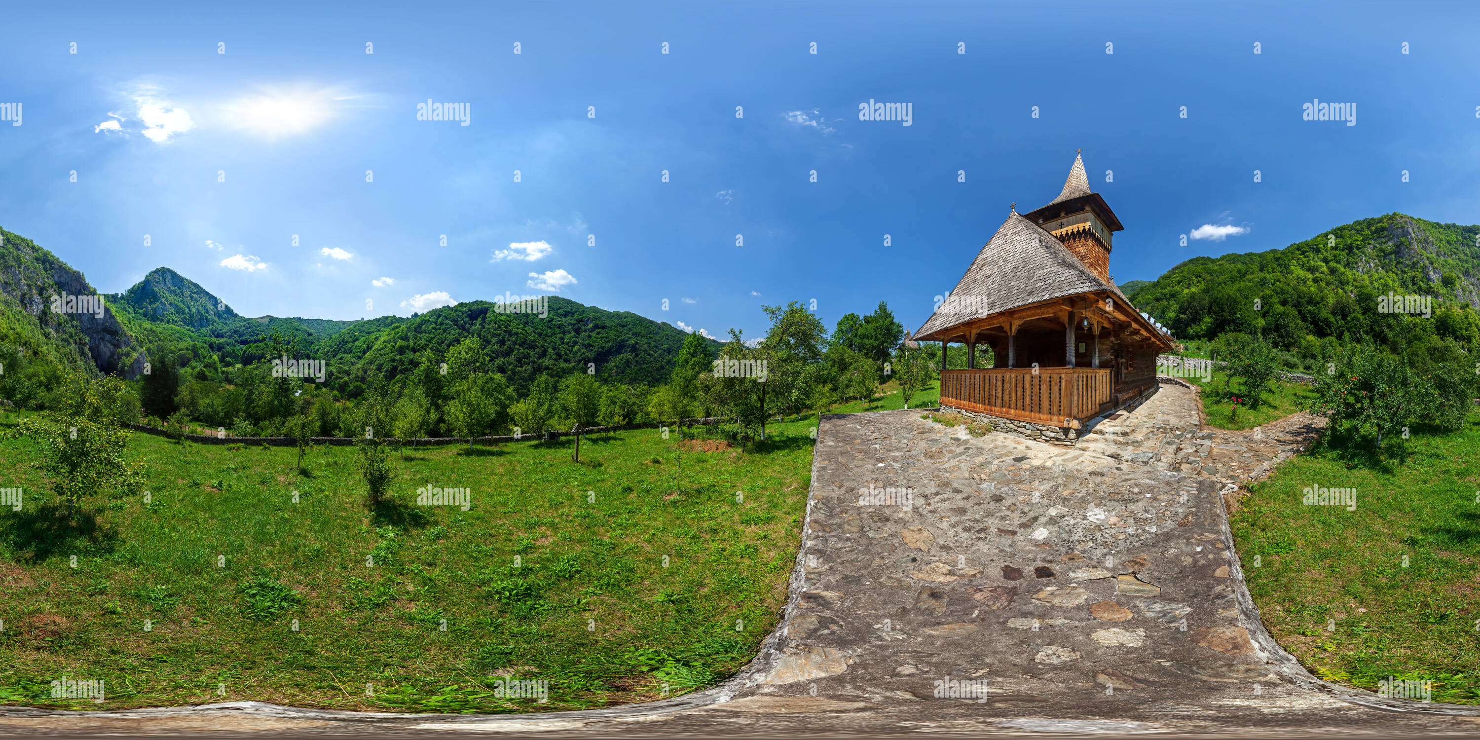 360 degree panoramic view of Wooden church of Cuvioasa Parascheva - Sub Piatră - Romania