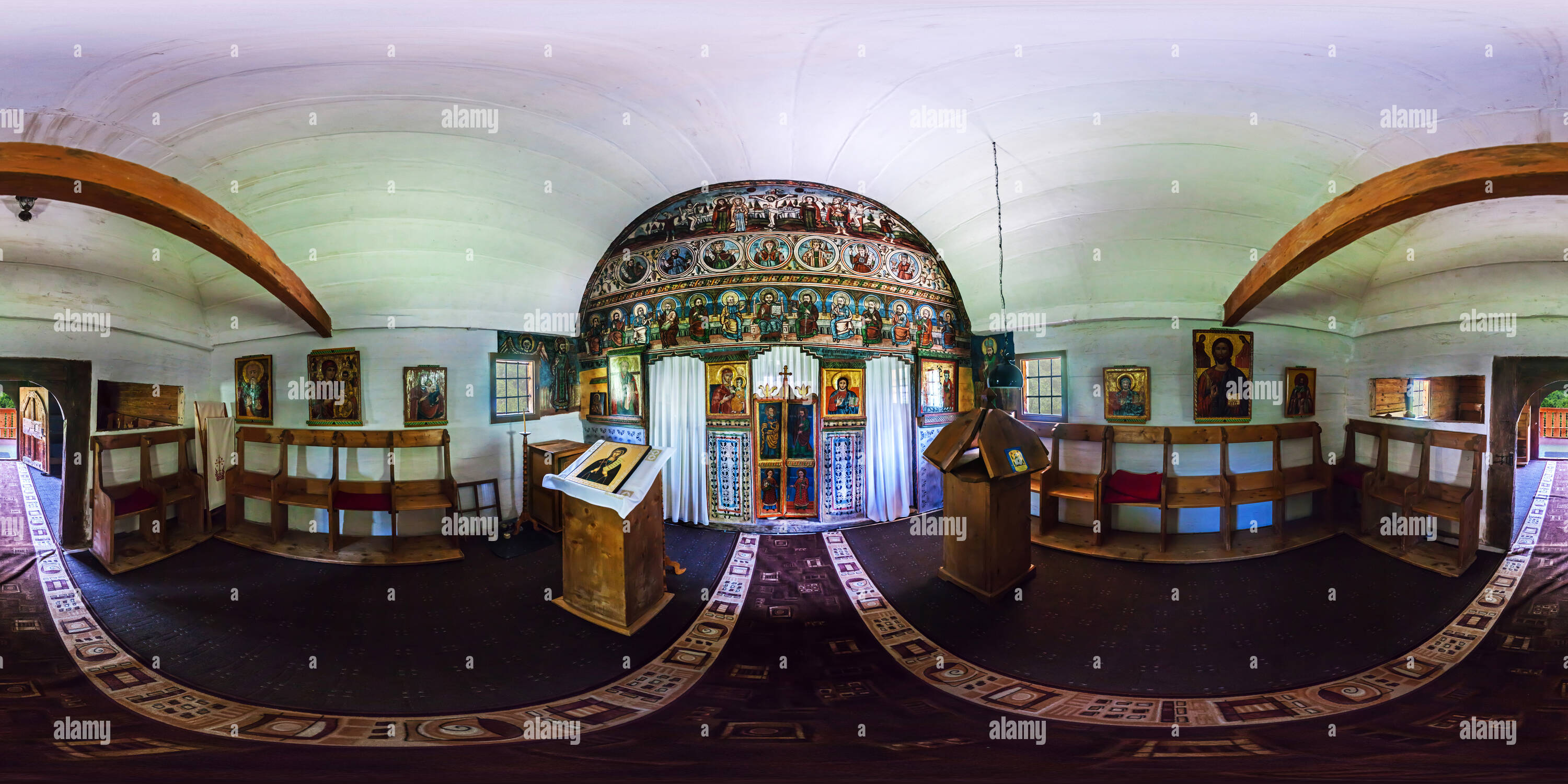 360 degree panoramic view of Interior of wooden church of Cuvioasa Parascheva - Sub Piatră - Romania