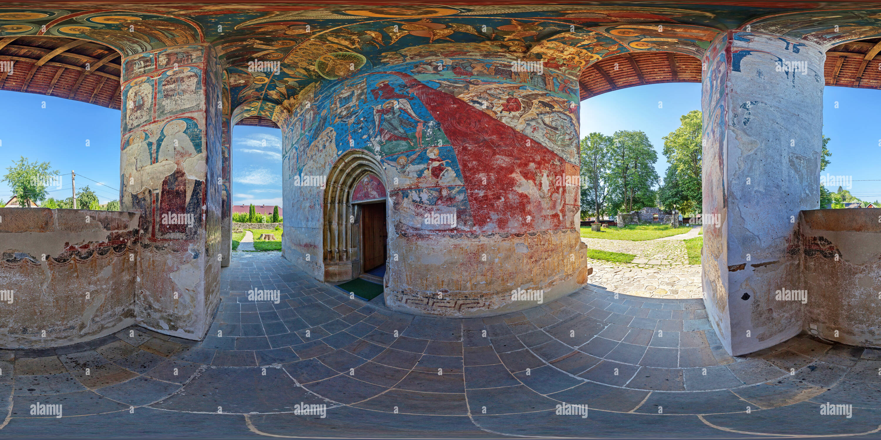 360 degree panoramic view of Entrance portal of Humor Monastery - Mănăstirea Humorului - Romania