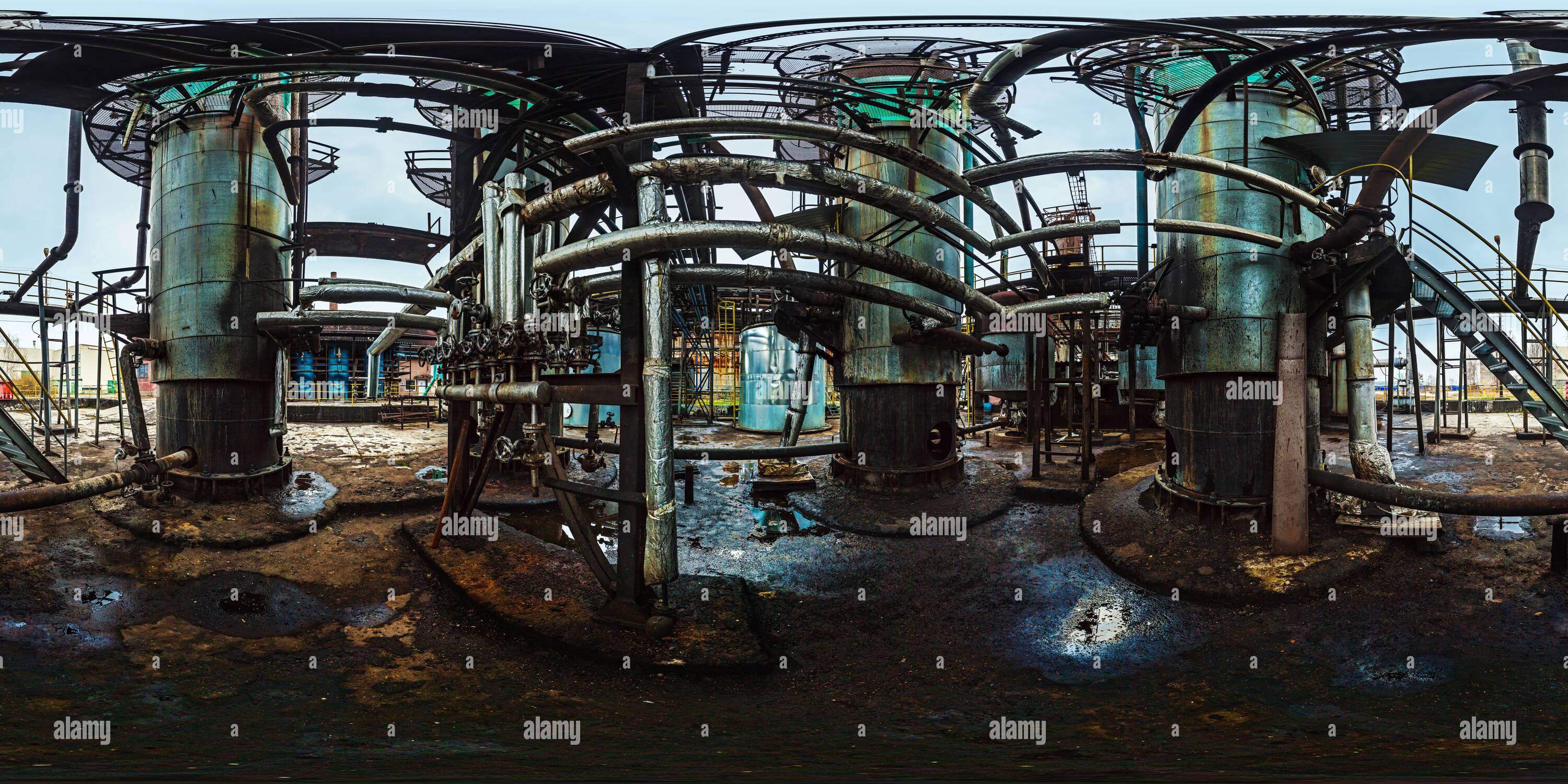 360 degree panoramic view of Chimneys in fuel transfer point in the industrial park - Štúrovo