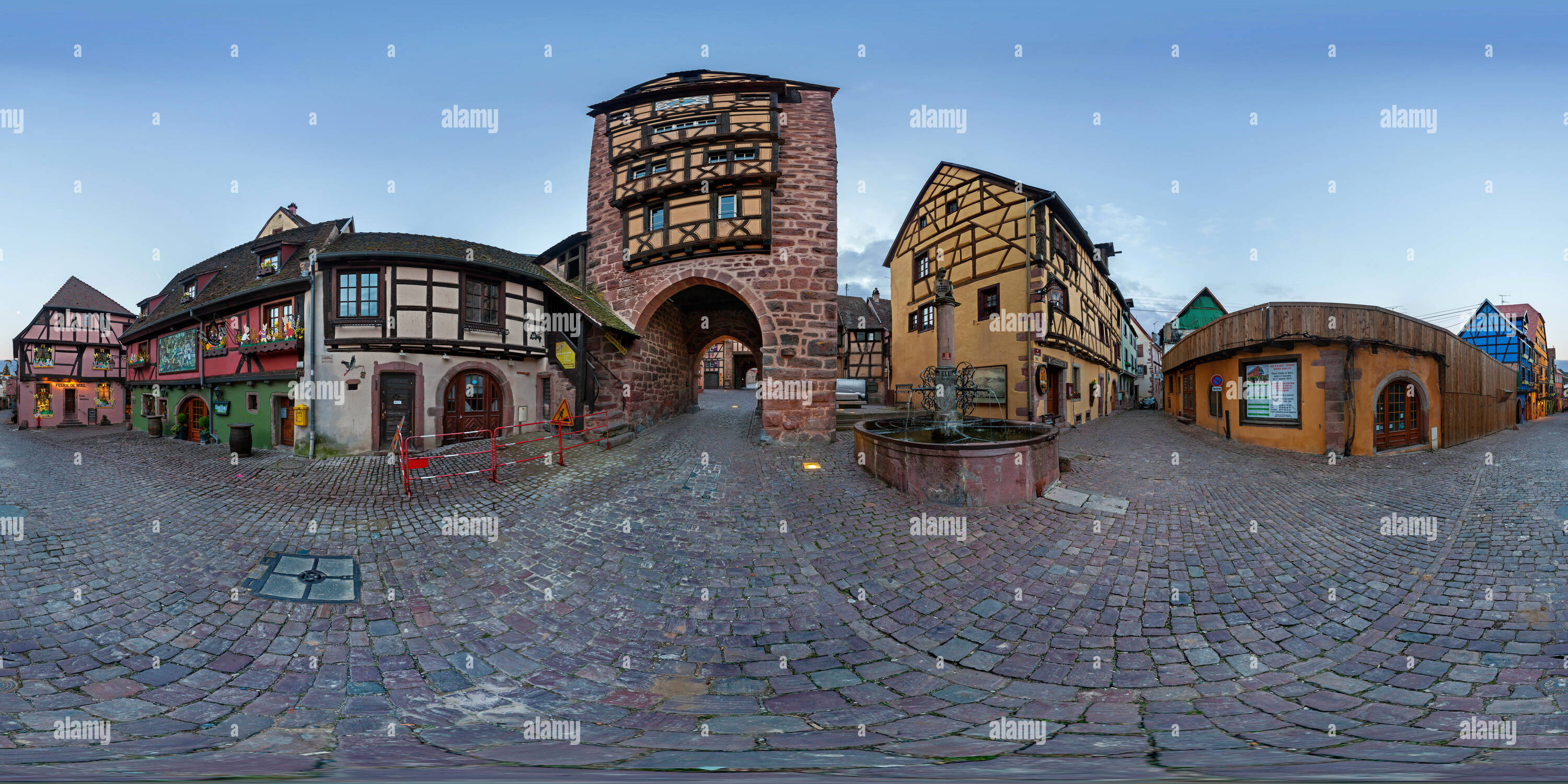 360 degree panoramic view of Fontaine de la Sinne in the evening - Riquewihr