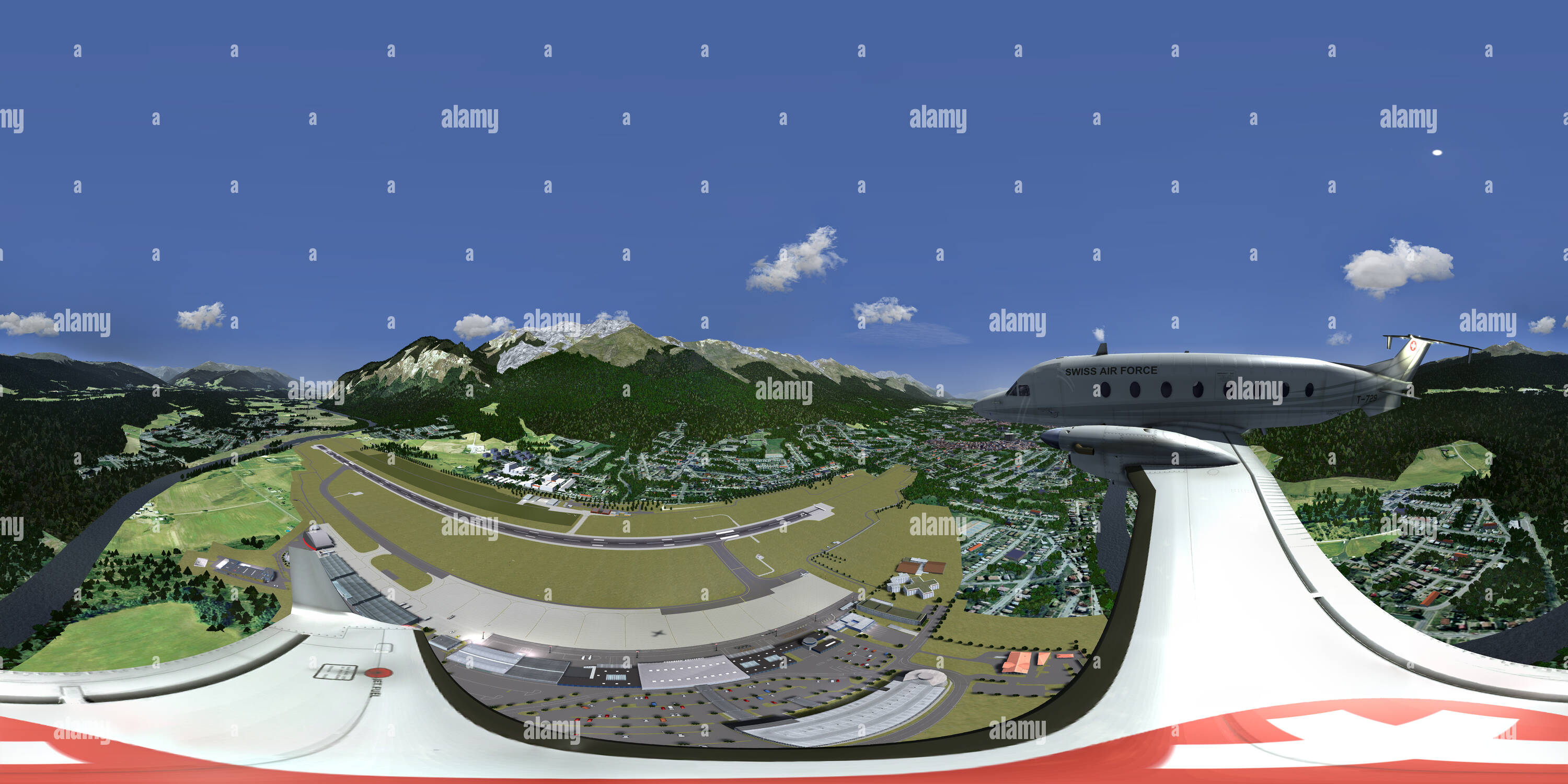 360 degree panoramic view of Beechrcaft 1900d over LOWI Innsbruck in flightgear flight simulator