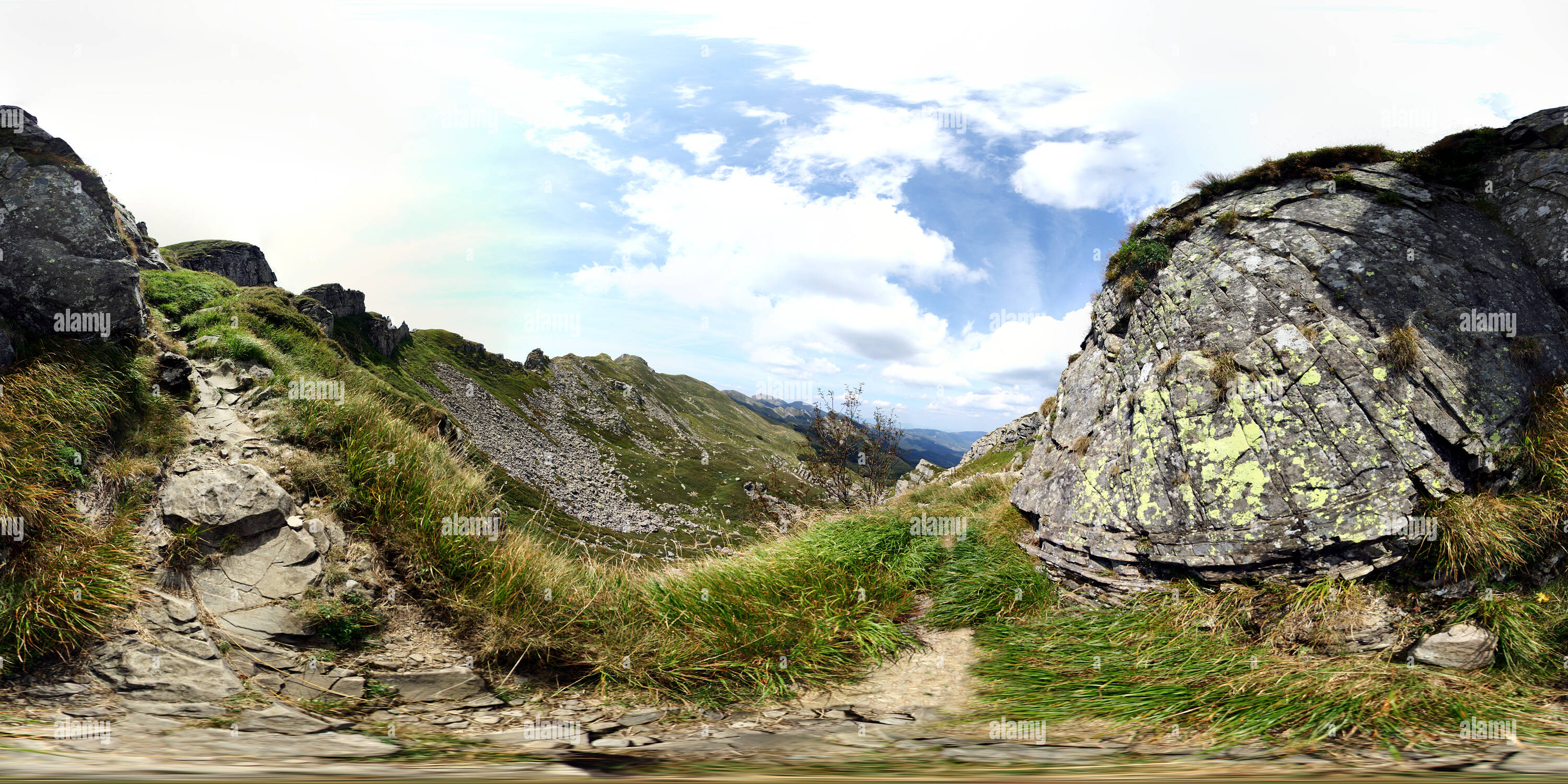 360 degree panoramic view of Narrow passage on path 737 Appennino Tosco Emiliano National Park