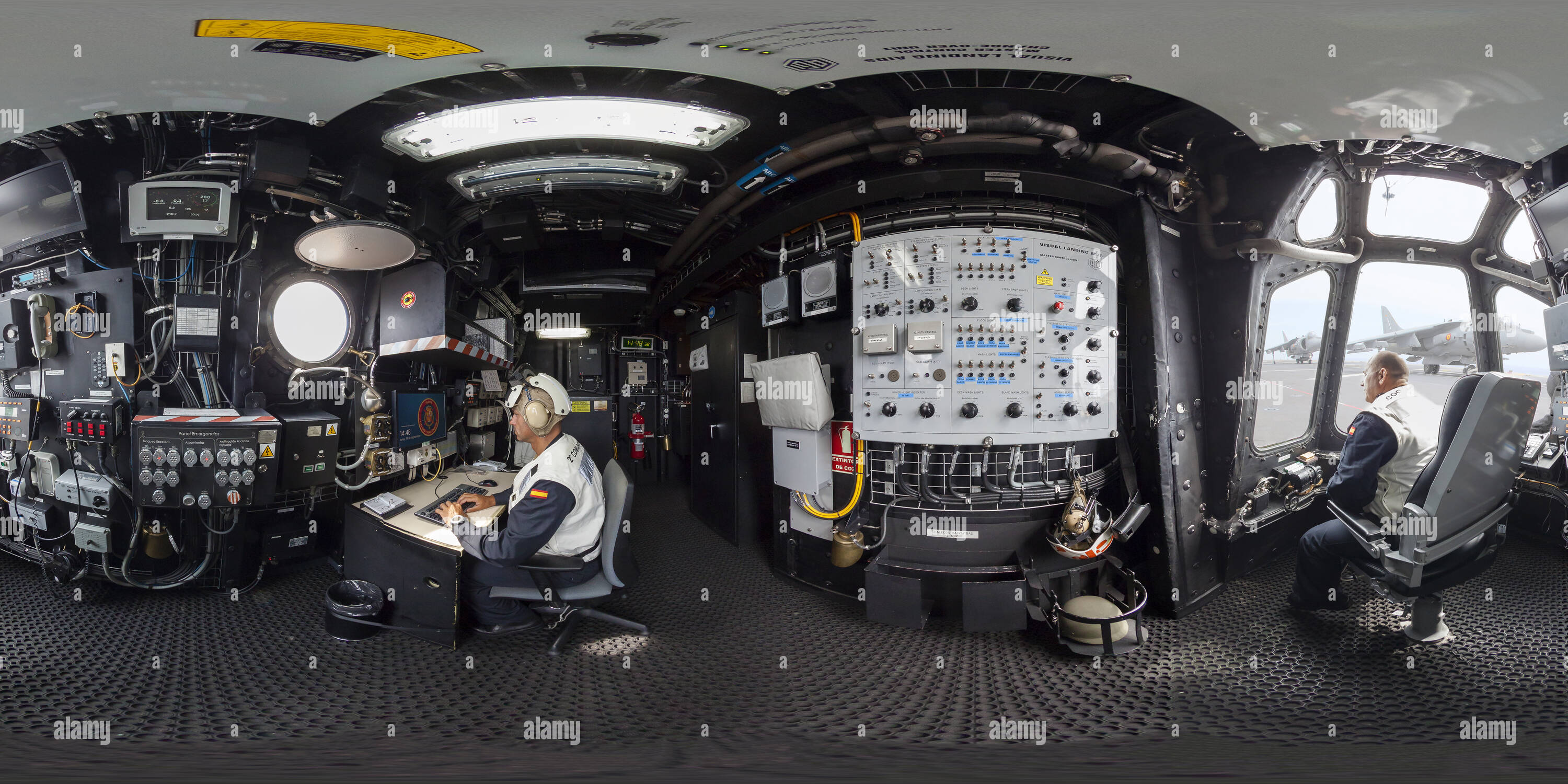 360 degree panoramic view of Aircrafts secundary control in The spanish amphibious ship aircraft carrier 'Juan Carlos I'