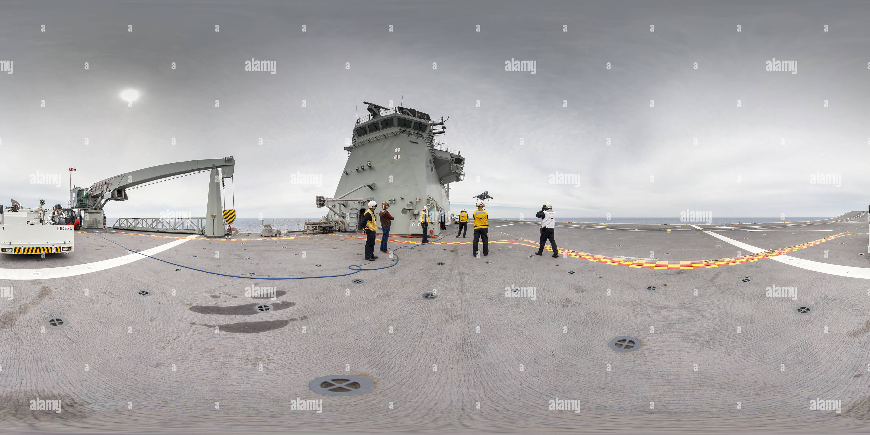 360 degree panoramic view of harrier landing in The spanish amphibious ship aircraft carrier 'Juan Carlos I'
