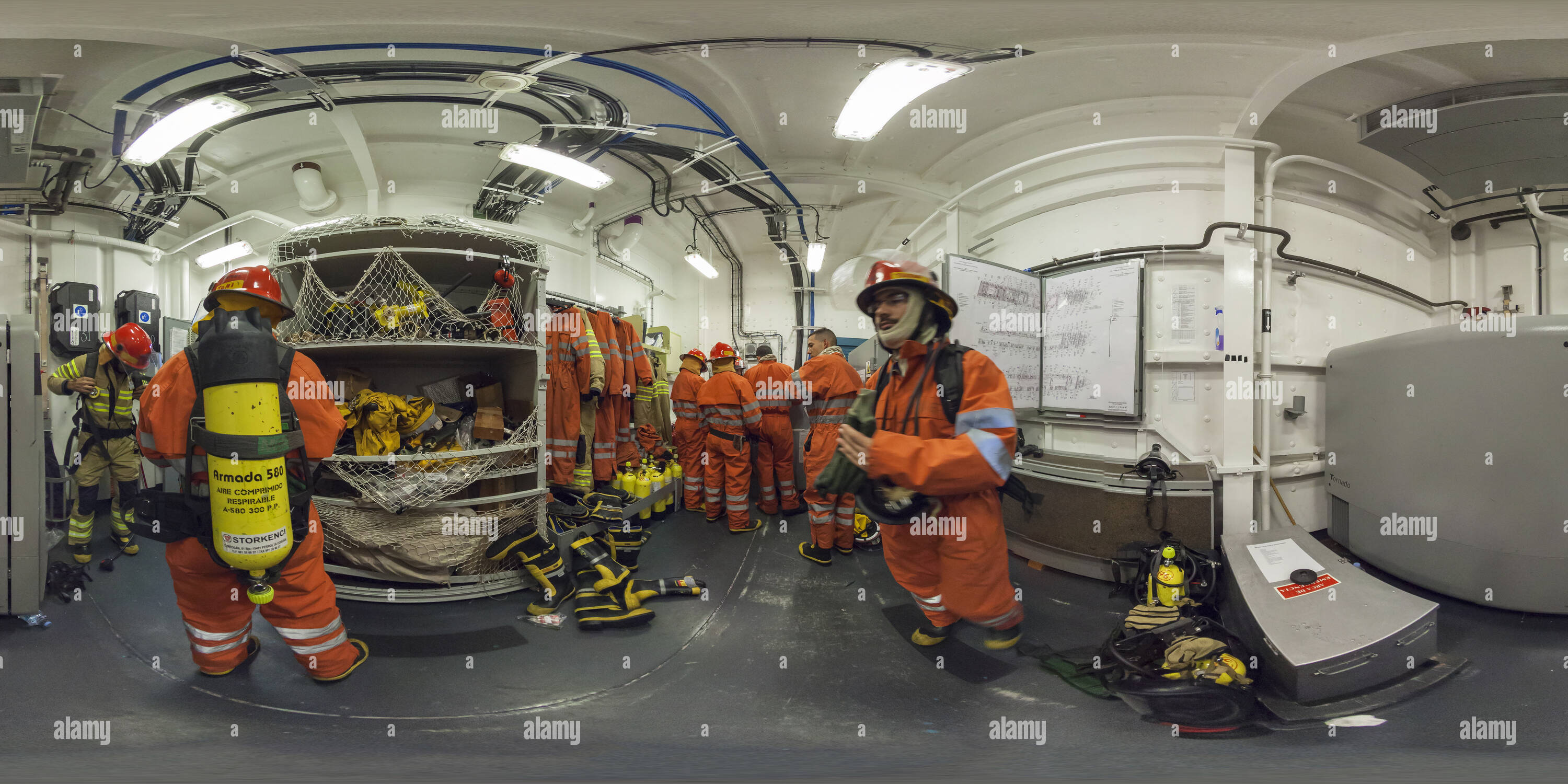 360° view of fire drill in The spanish amphibious ship aircraft carrier