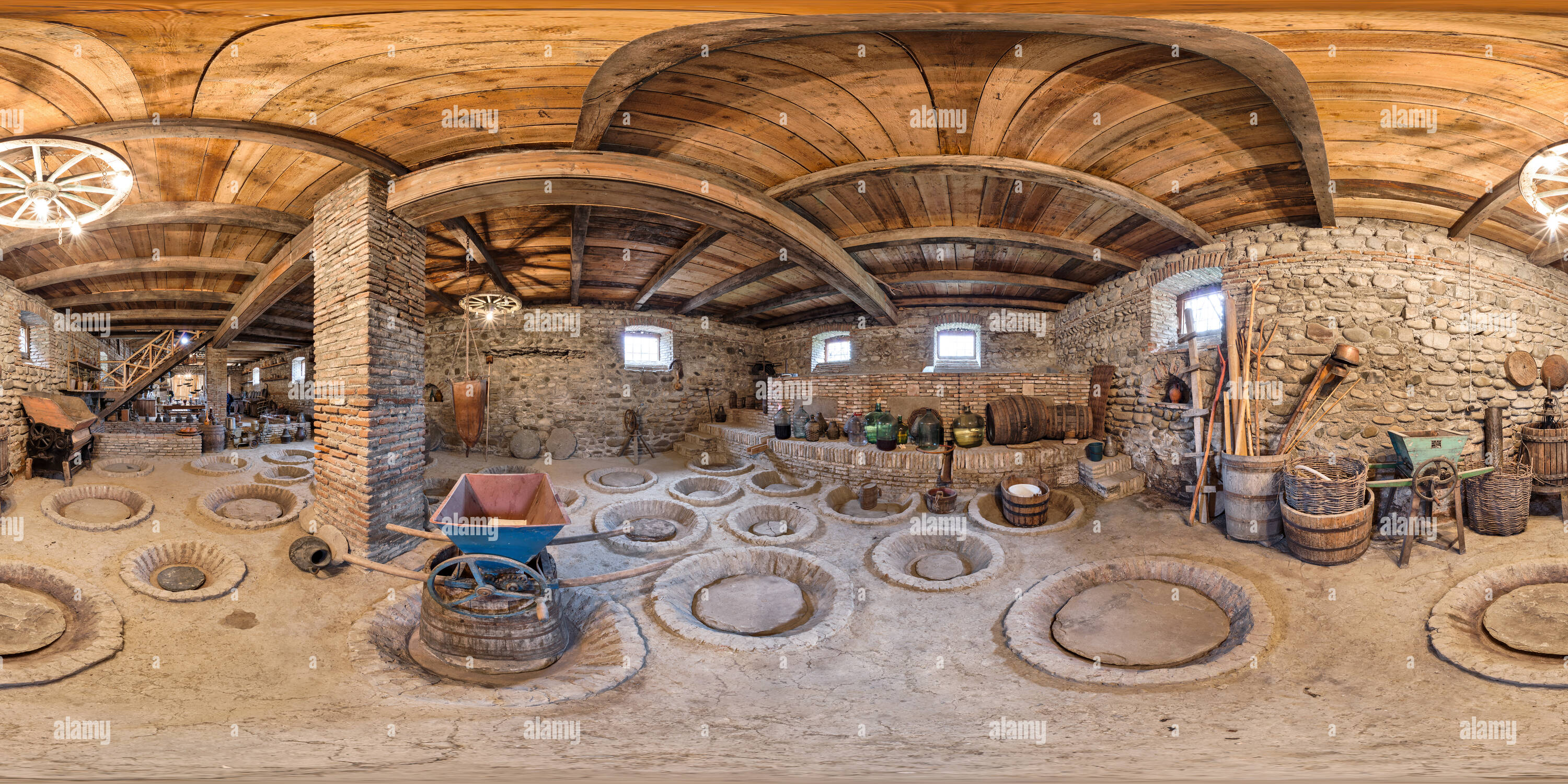 360° view of Fermentation clay pots in wine cellar Kakheti,