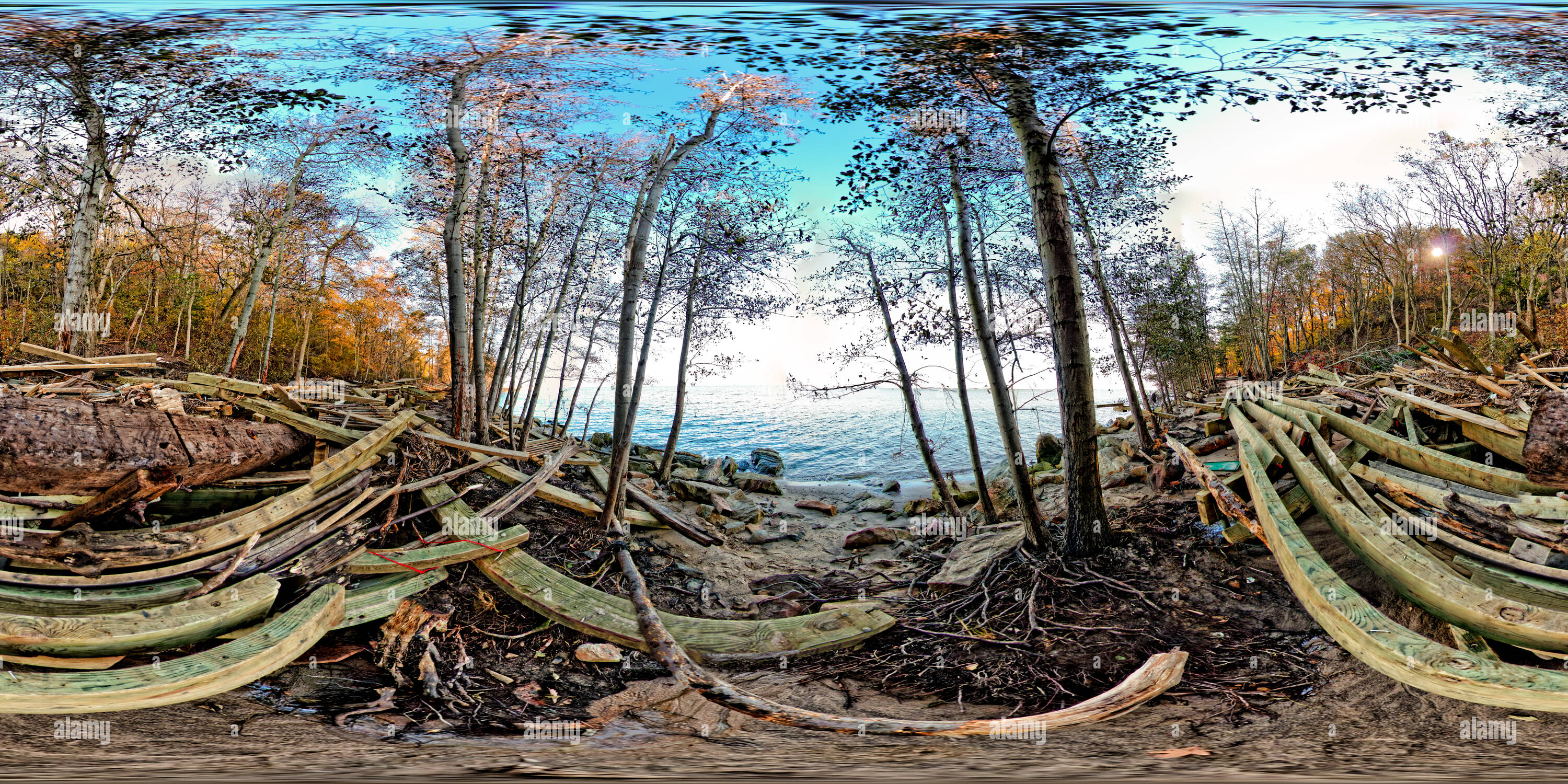 360 degree panoramic view of Henry Hudson Trail - Sandy Hook Bay Boardwalk after SuperStorm Sandy