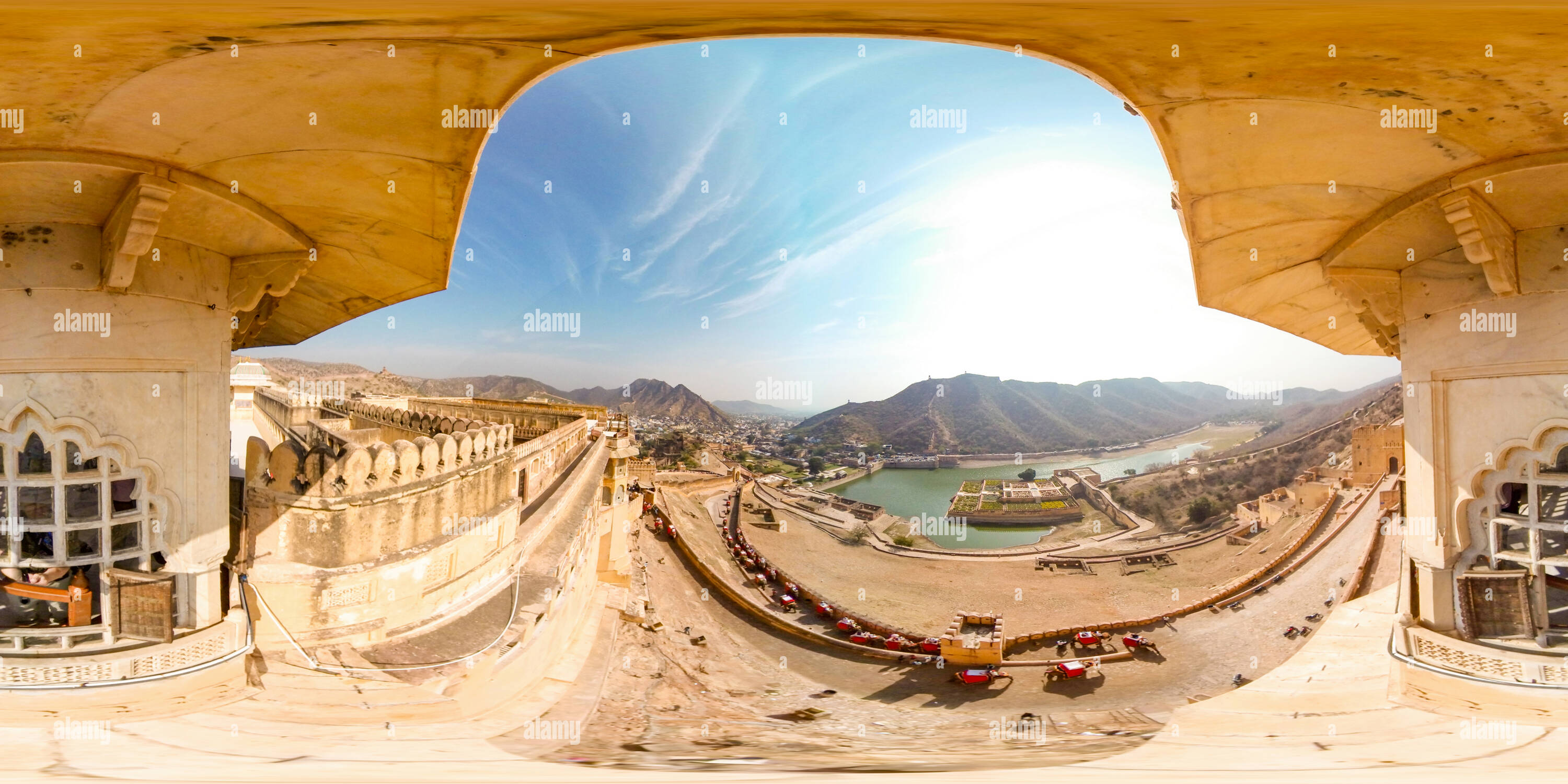 360 degree panoramic view of View over Suraj Pol, Amber Palace, Rajasthan, India