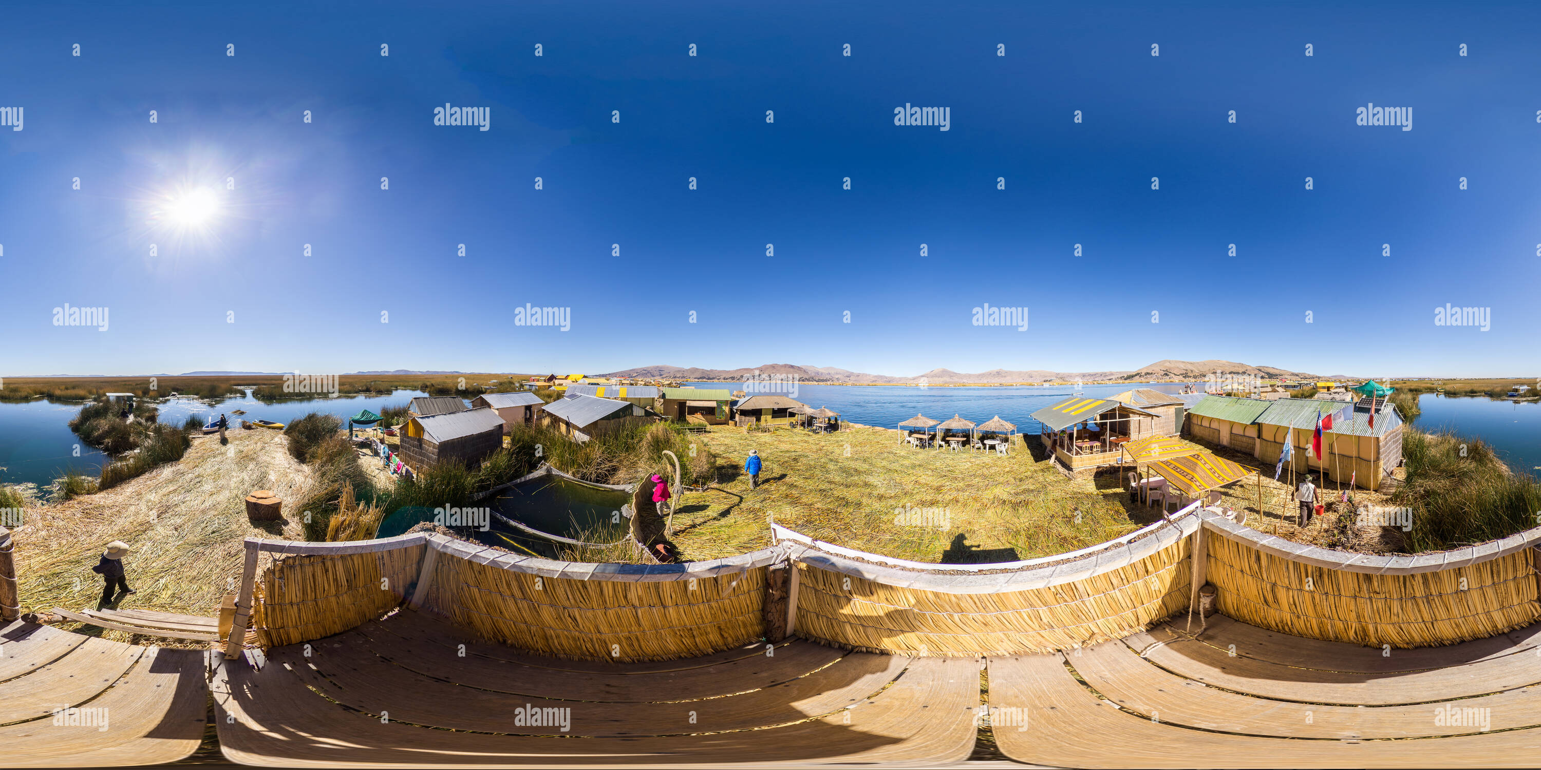 360 degree panoramic view of Uros islands, Lake Titikaka, Puno, Peru