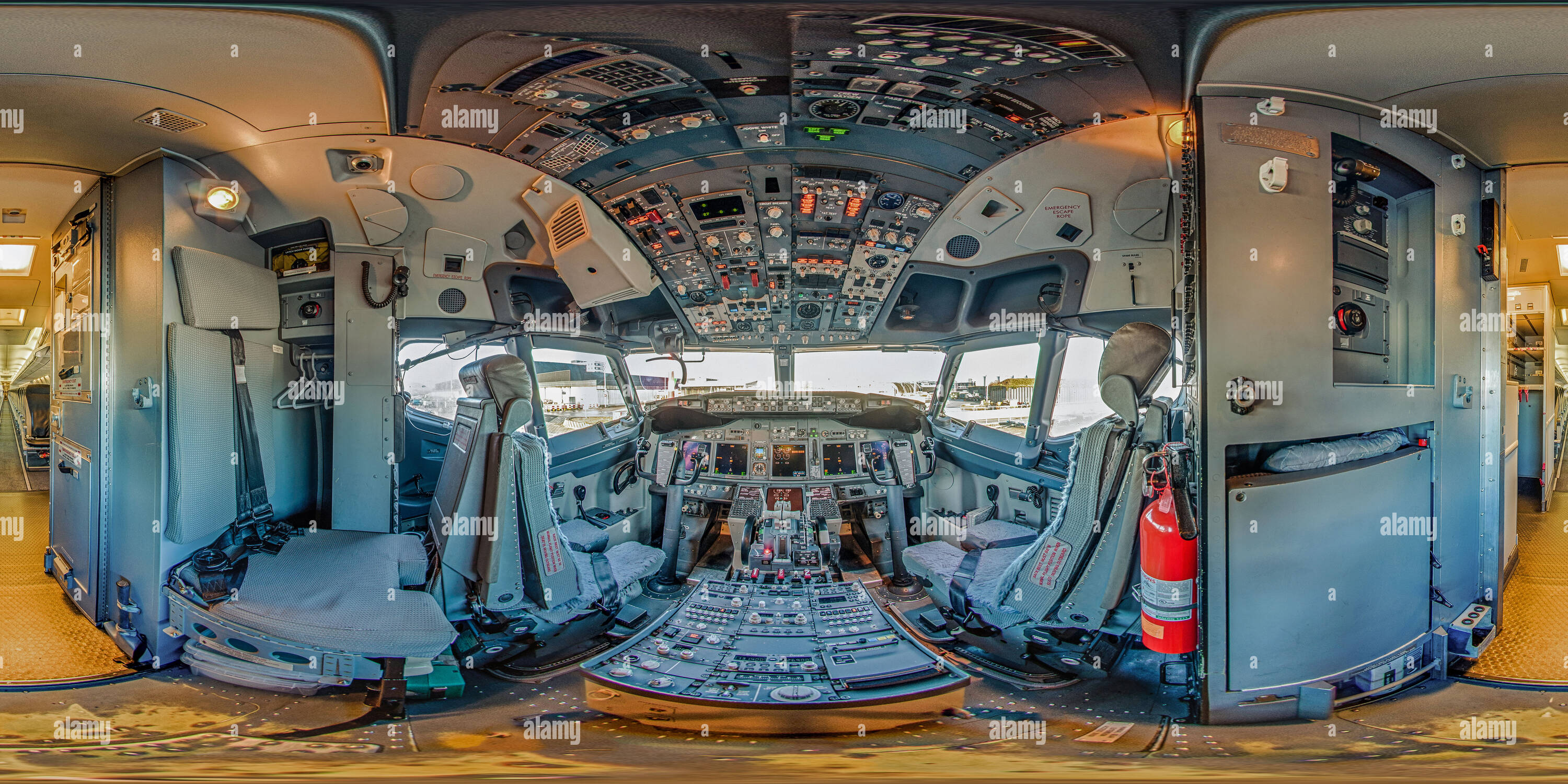 360 degree panoramic view of Interior cockpit Boeing 737-800