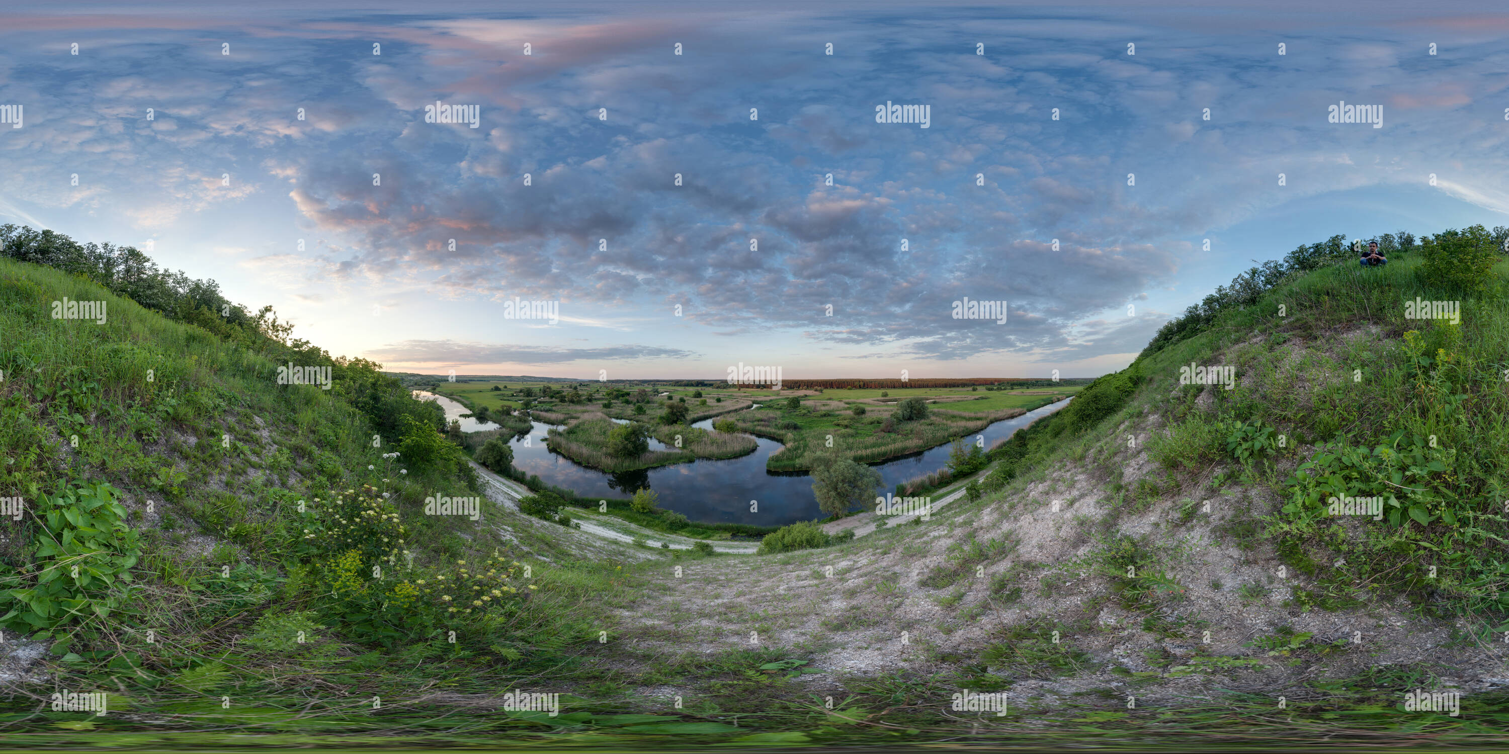 360 degree panoramic view of Oskol River Valley. Sunset