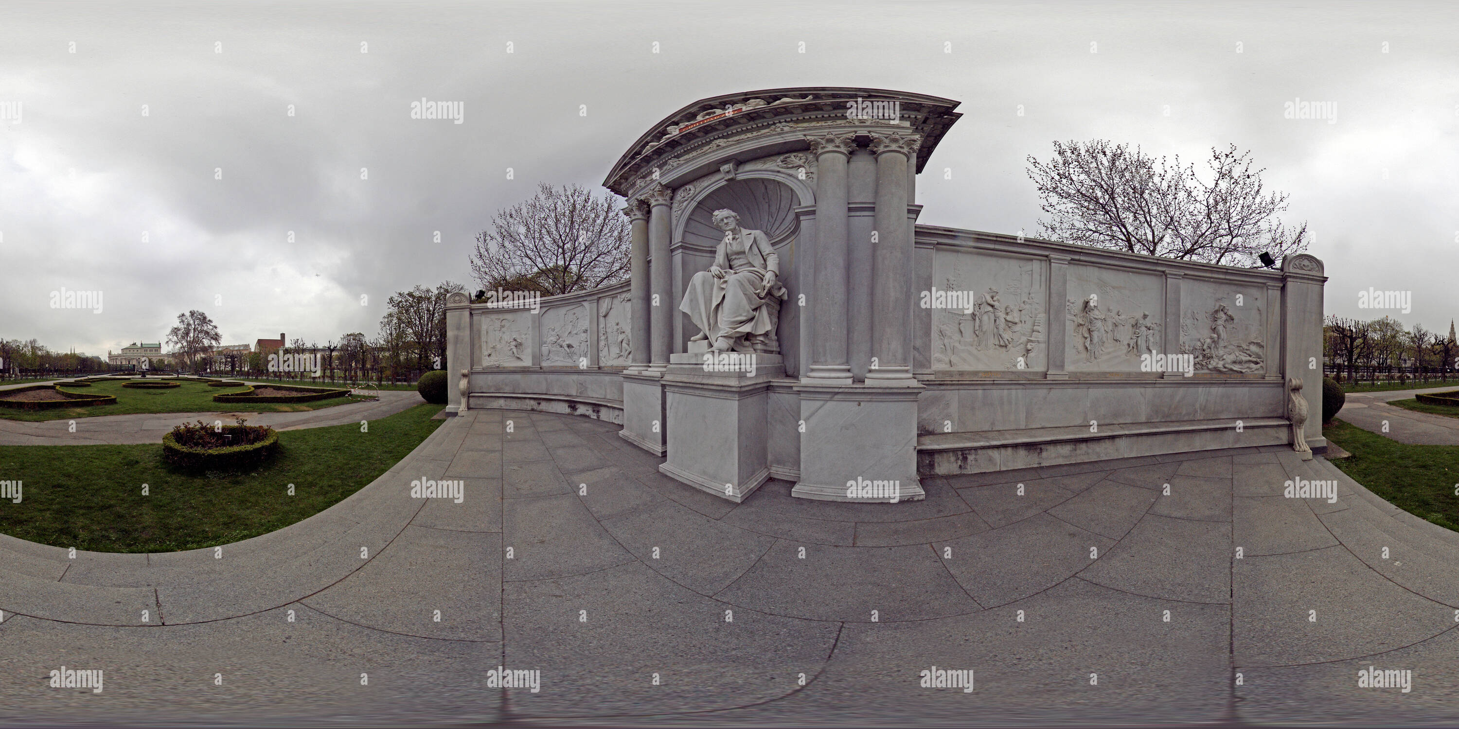 360 degree panoramic view of Franz Grillparzer Monument in the Volksgarten
