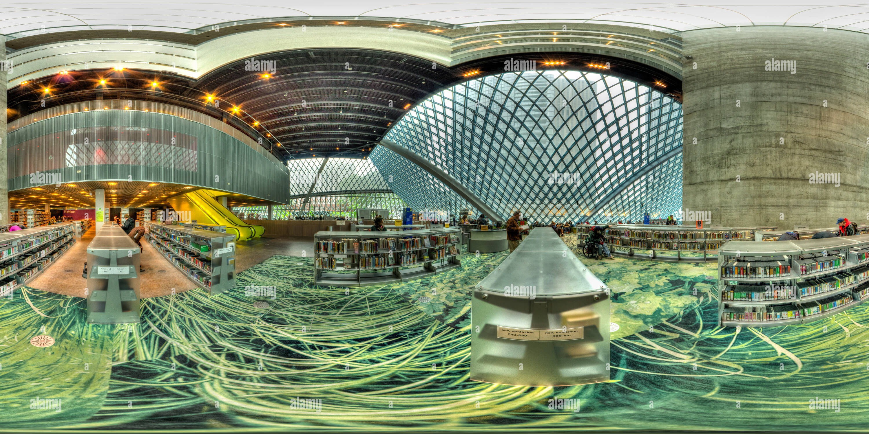 360 degree panoramic view of Seattle Central Library “Living Room” space, Seattle WA