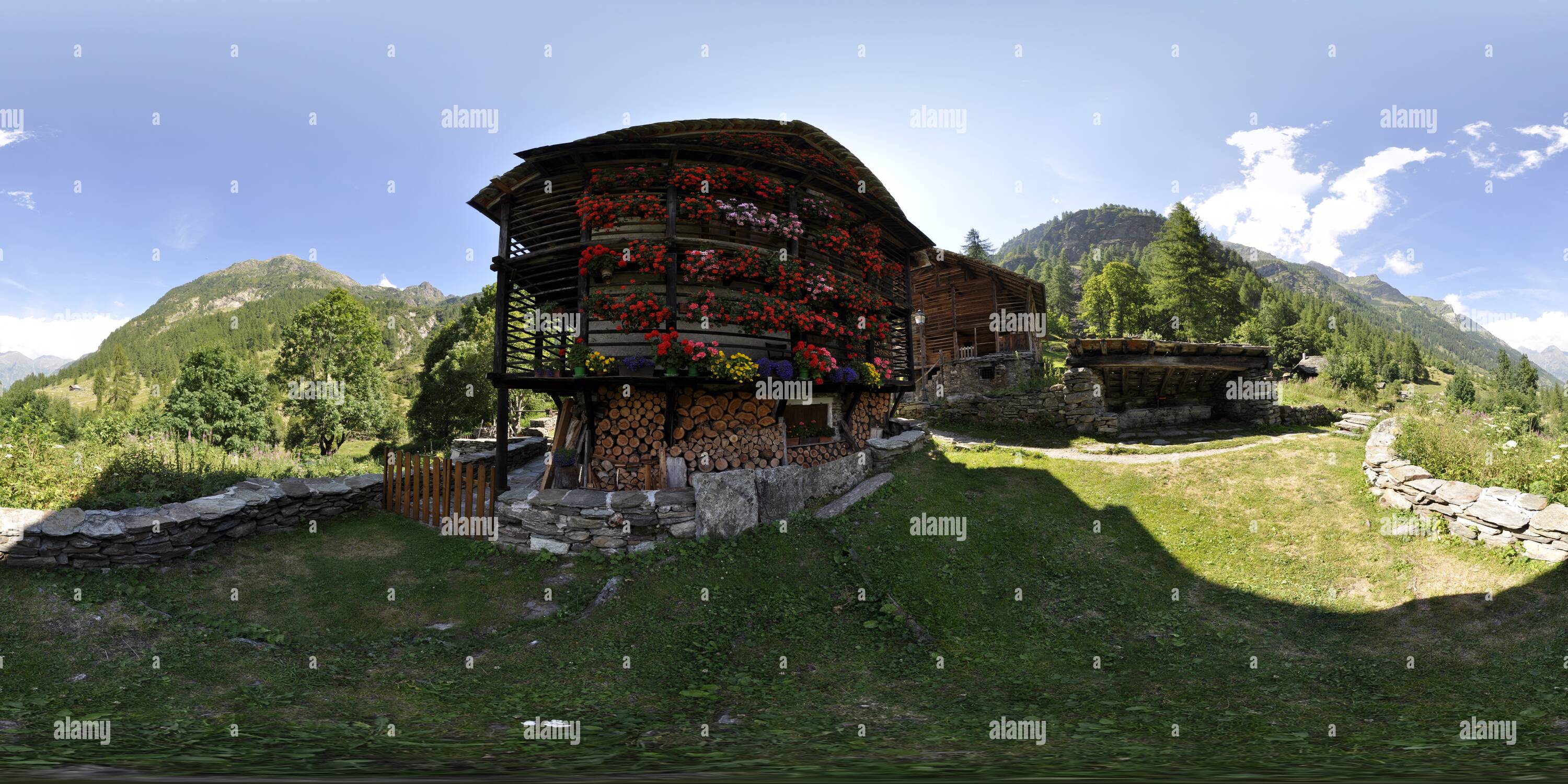 360 degree panoramic view of Walser houses in Val Vogna