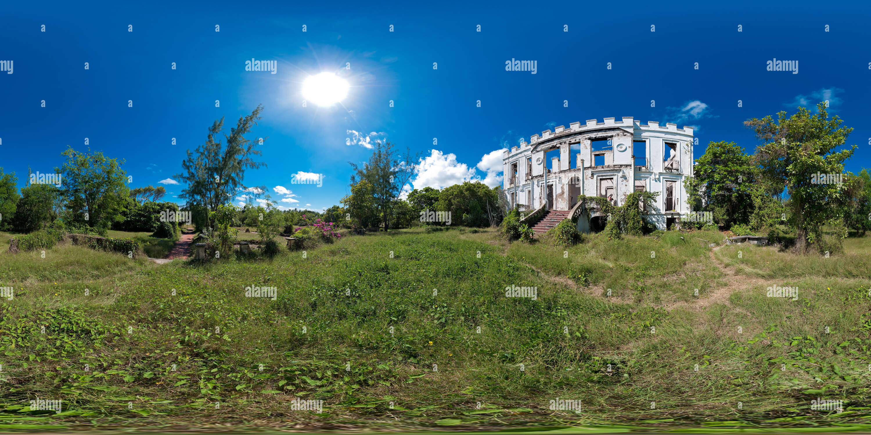 360 degree panoramic view of Sam Lord's Castle rear exterior from lawn