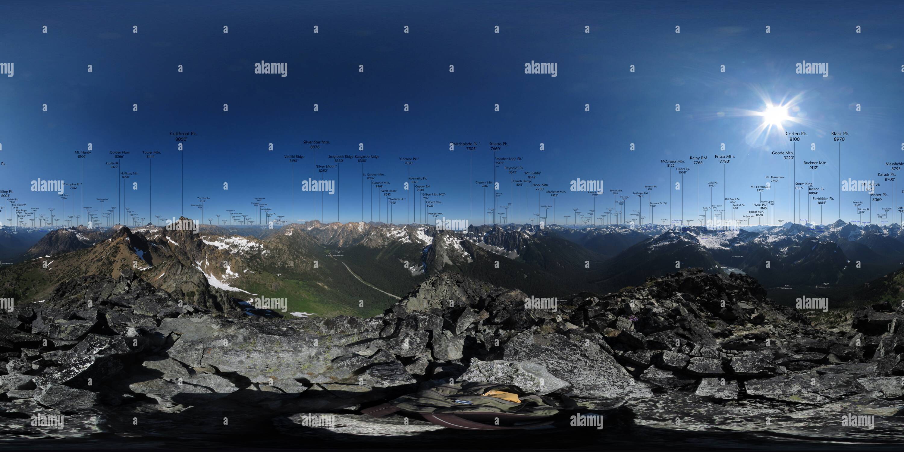 360 degree panoramic view of Whistler Mountain (7790'/2374m) summit (annotated)