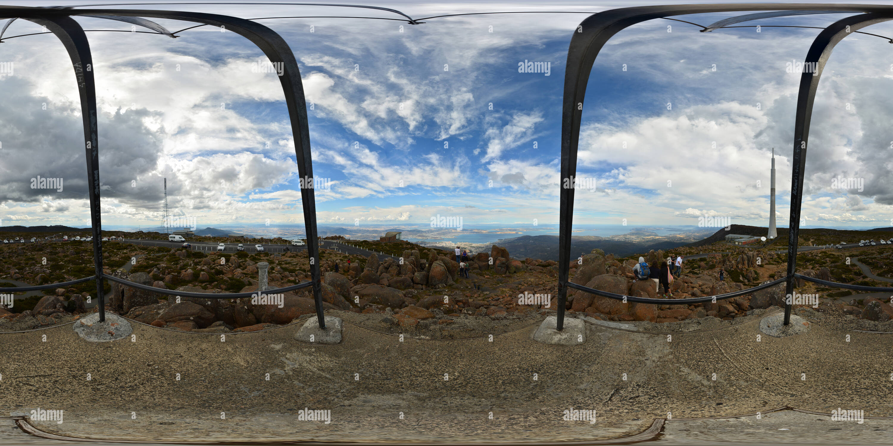 Panoramic view of Mount Wellington Lookout overlooking the Greater Hobart Area in Tasmania, bathed in soft white tones