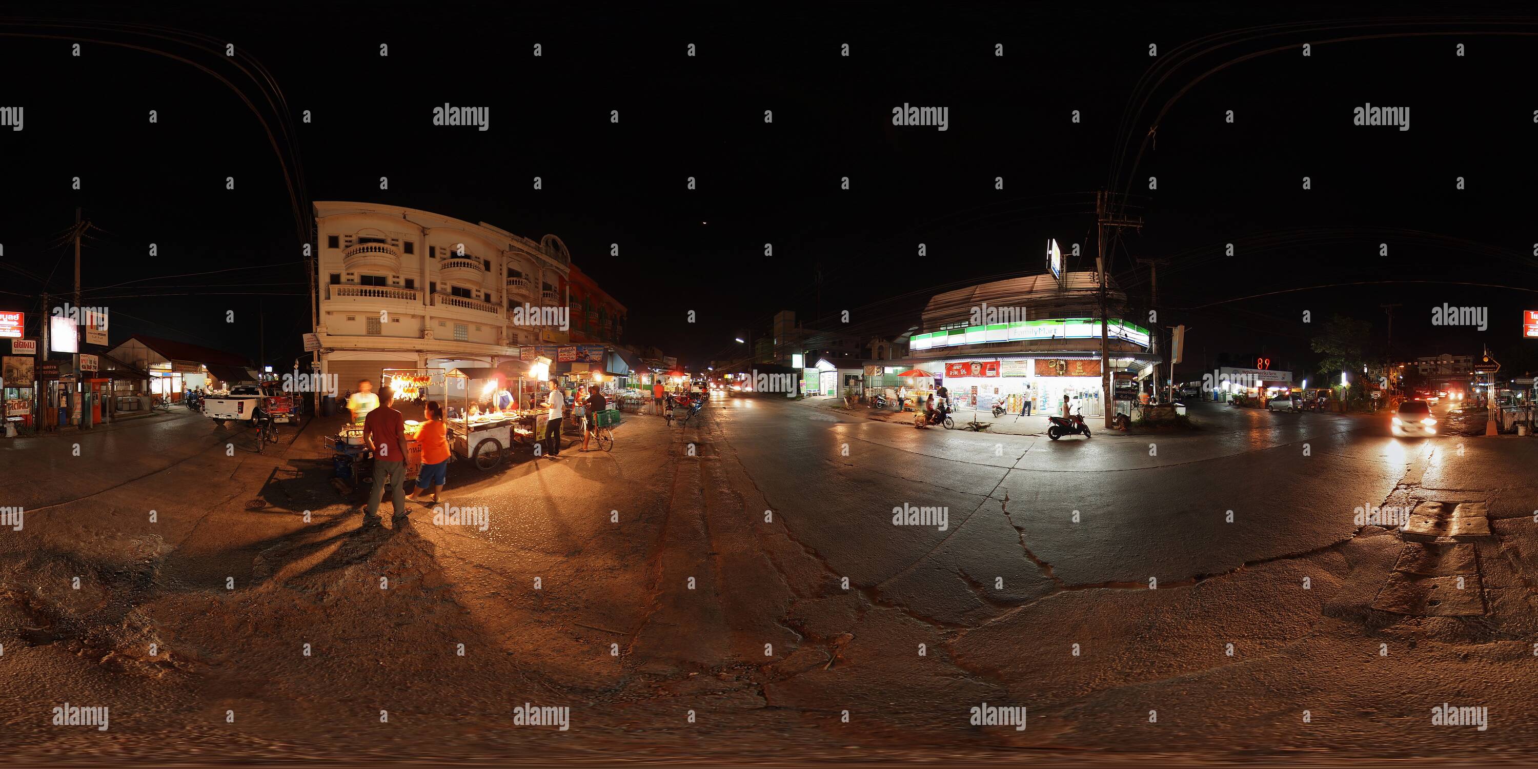 360 degree panoramic view of Street market at night