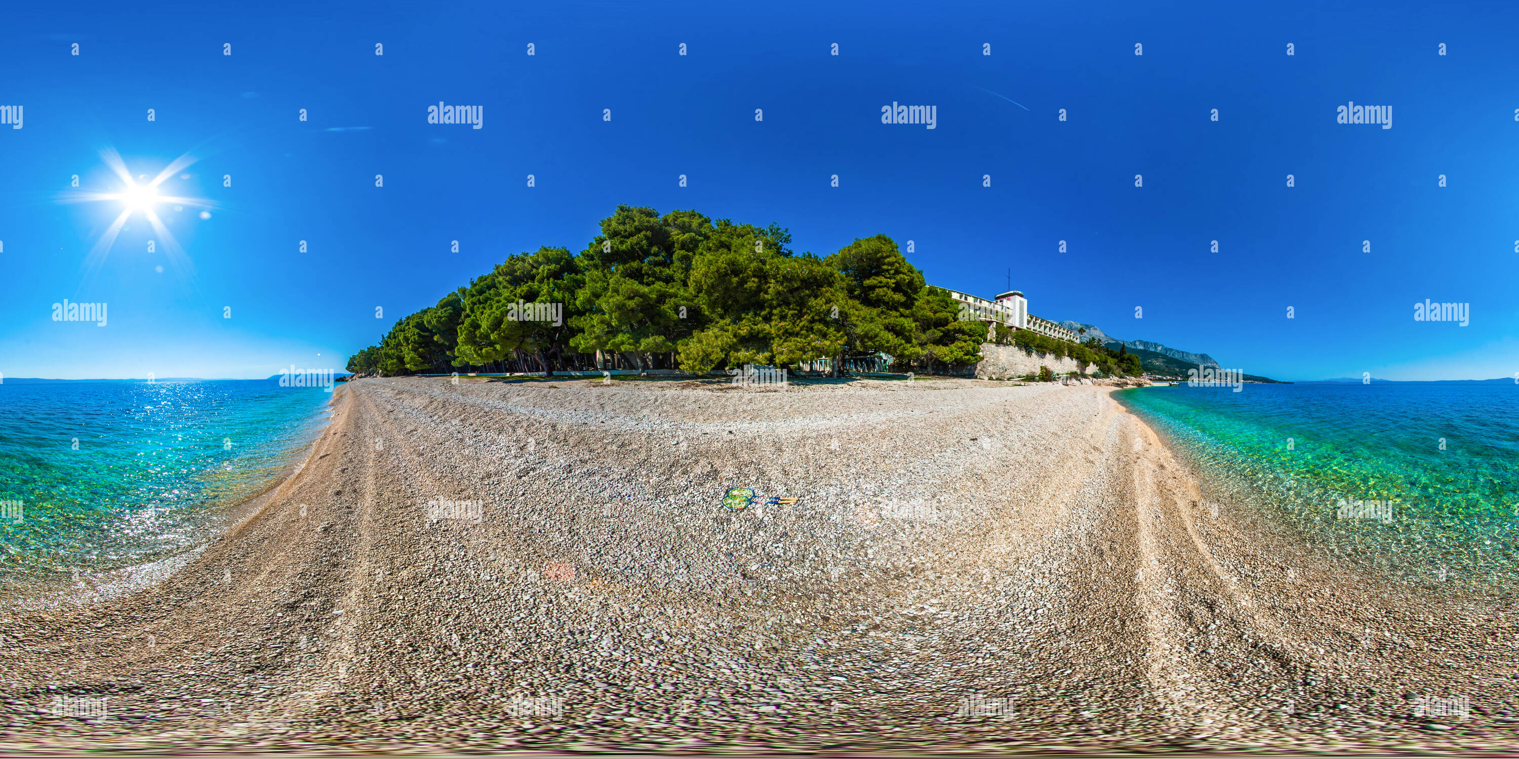 360 degree panoramic view of Hotel Jadran beach, Tucepi, Croatia