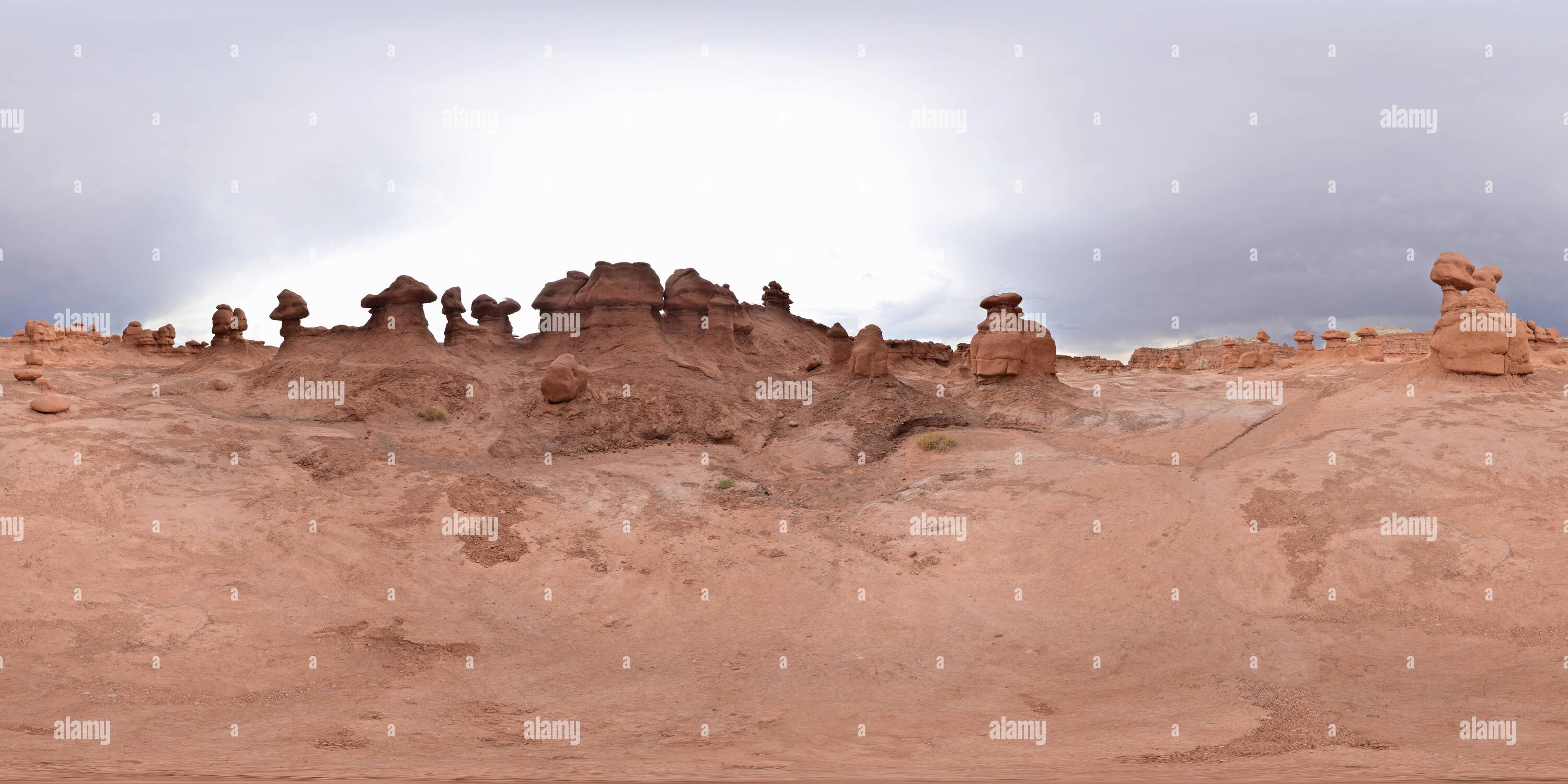360 degree panoramic view of Goblin Valley State Park with big storm