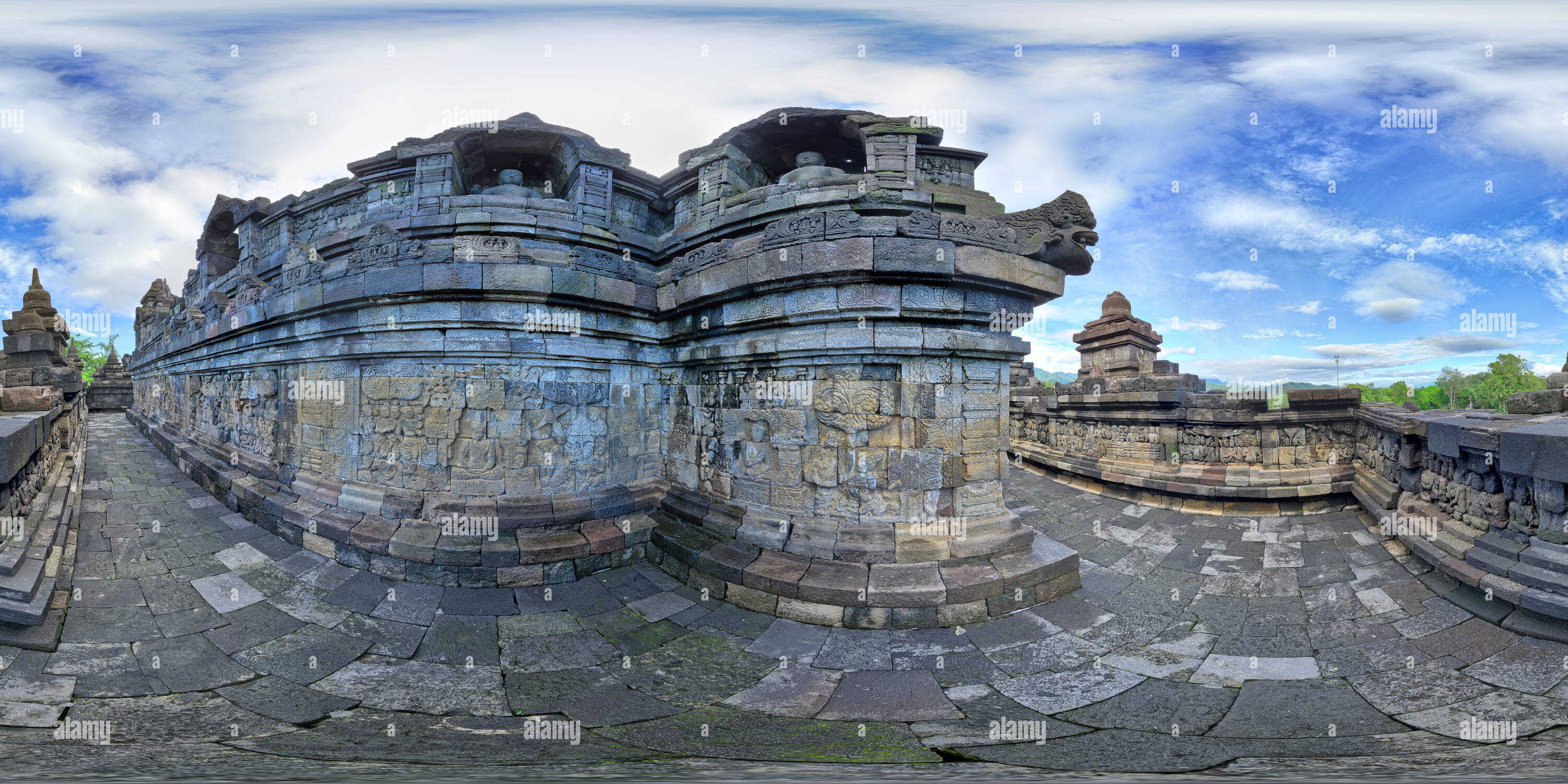 360° view of A narrow corridor with reliefs on the wall Borobudur