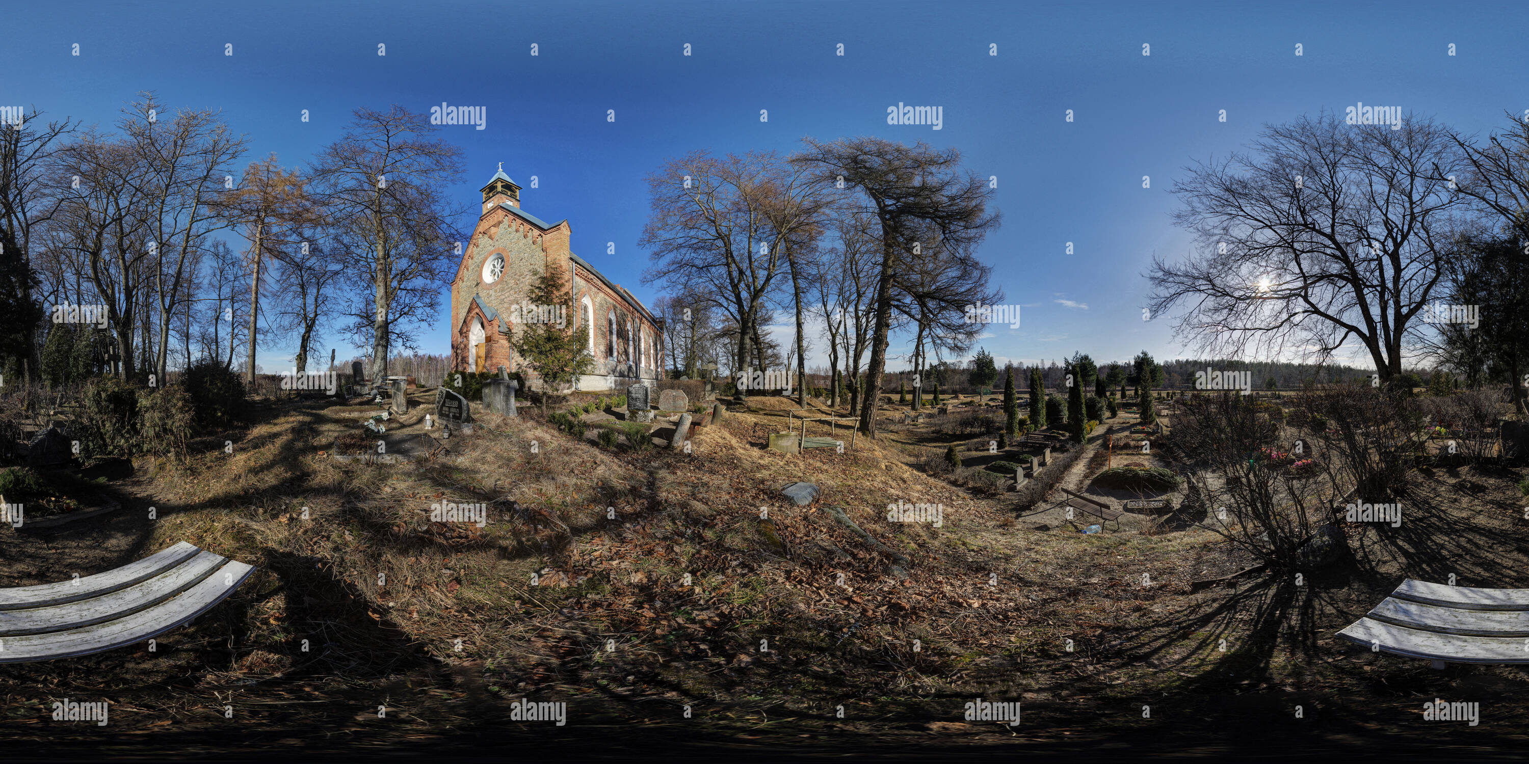 360 degree panoramic view of Dalbe Church and cemetery