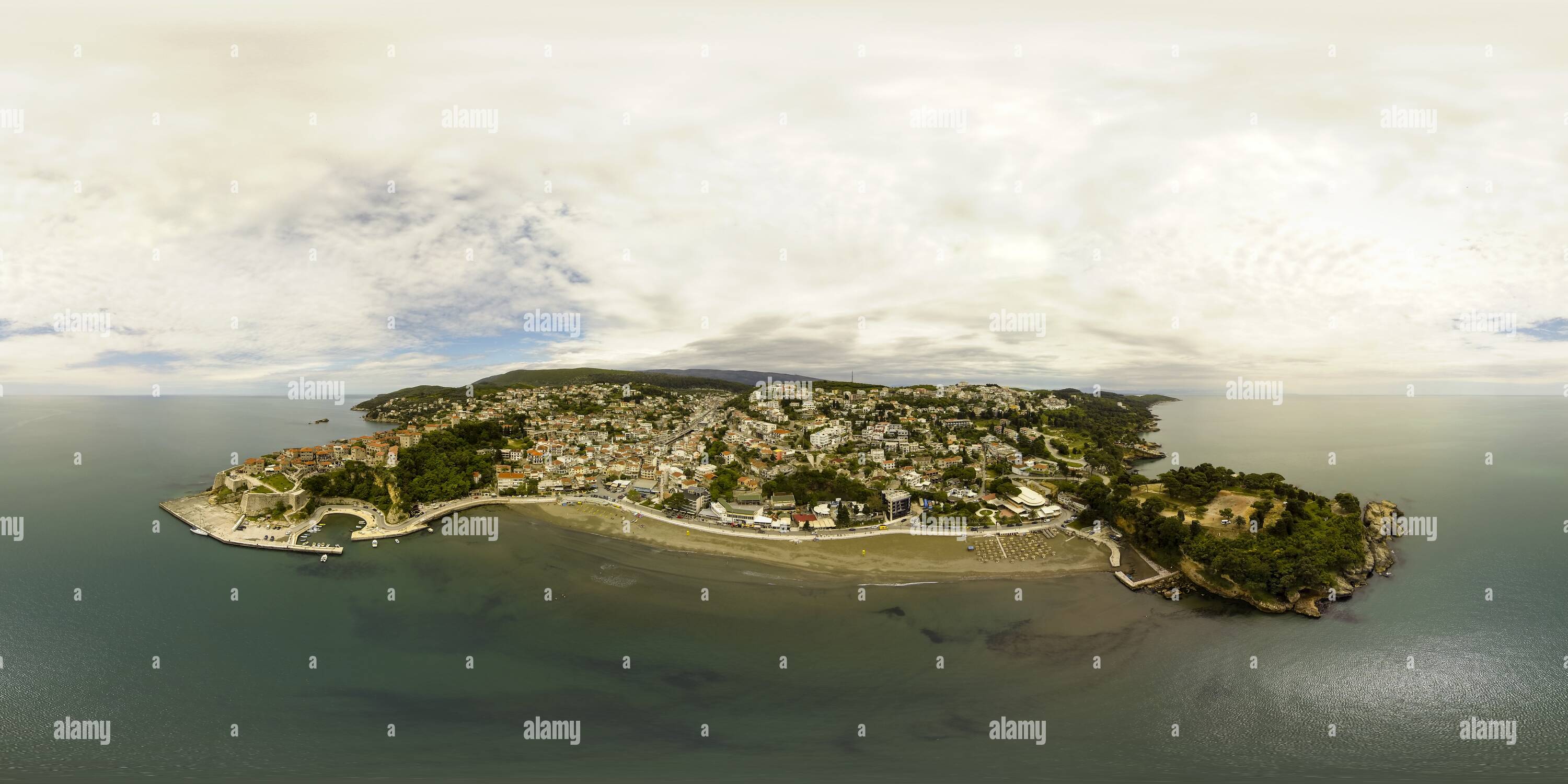 360 degree panoramic view of Ulcinj - Mala Plaža (Small beach) - Montenegro Aerial Panorama