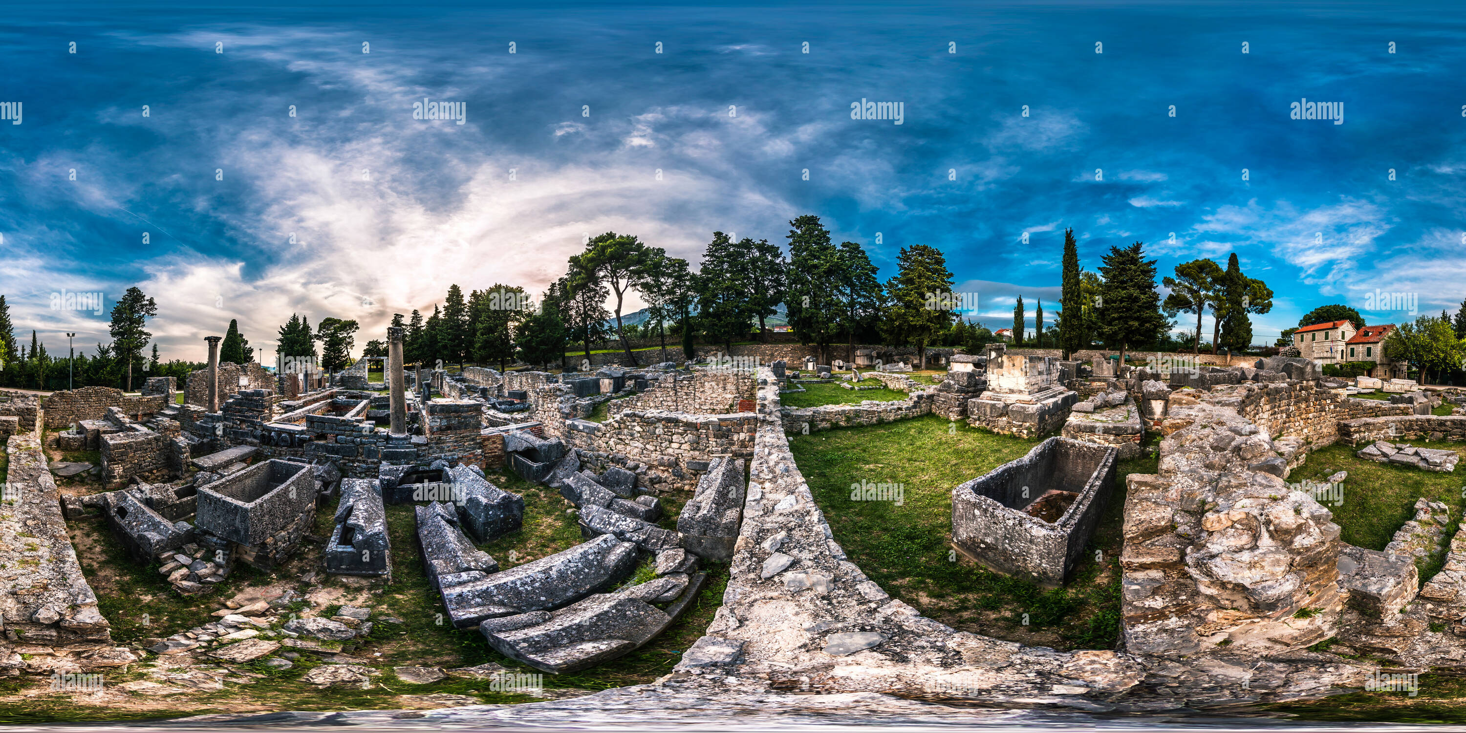 360 degree panoramic view of The ruins of Salona at Archaeological Museum of Split