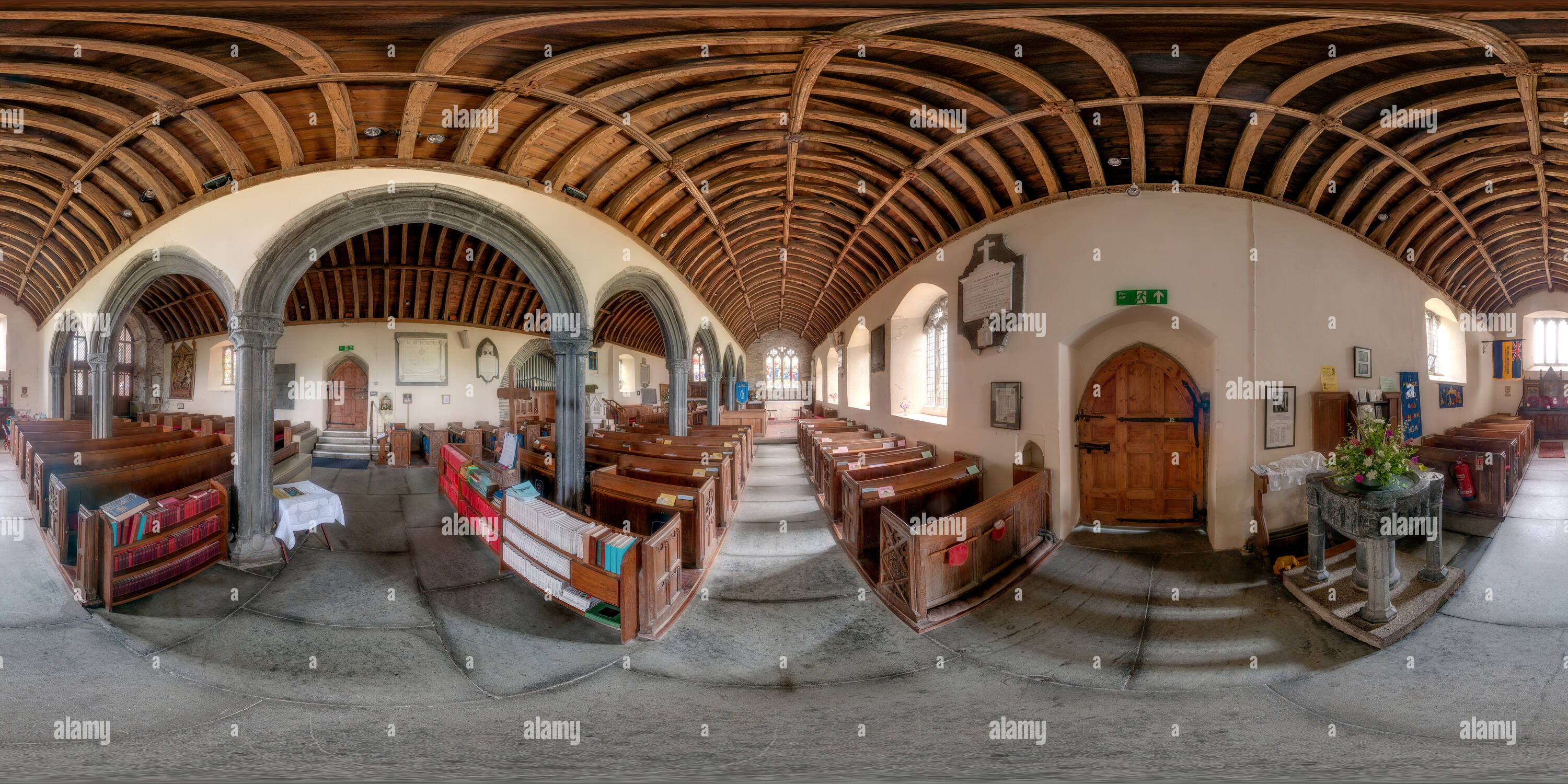 360 degree panoramic view of St Merryn Church, the South Aisle and Font