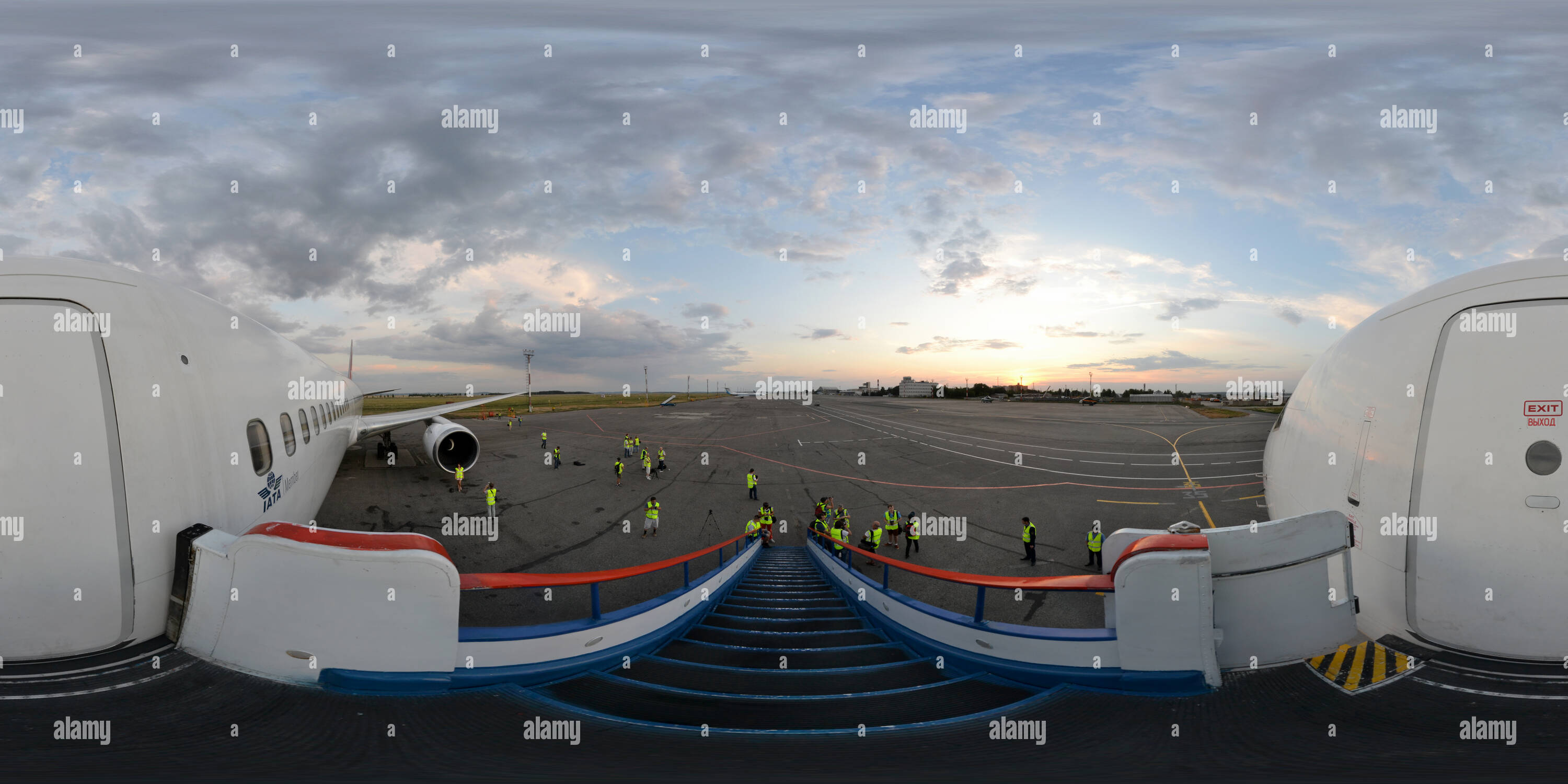360 degree panoramic view of Samara Kurumoch International Airport. Airplane Boeing 767-306 parked 3