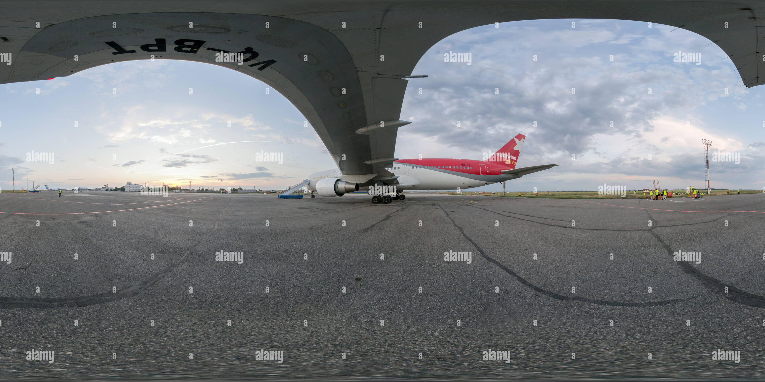 360 degree panoramic view of Samara Kurumoch International Airport. Airplane Boeing 767-306 4