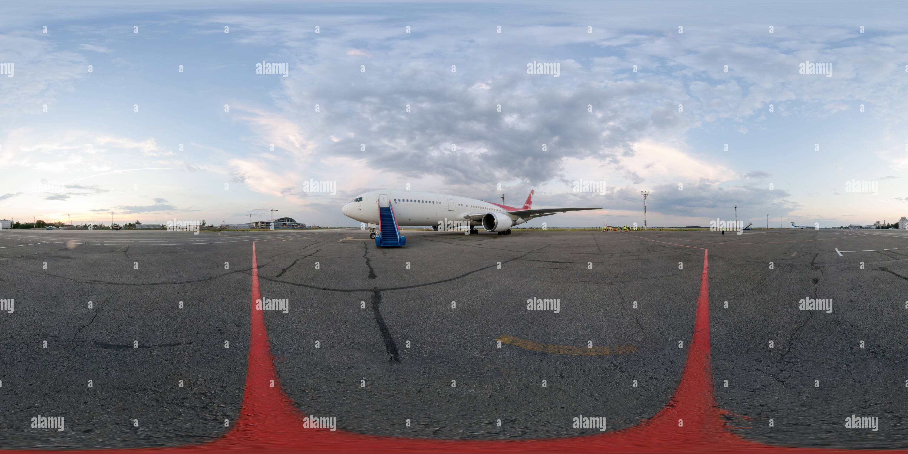 360 degree panoramic view of Samara Kurumoch International Airport. Airplane Boeing 767-306 parked 2