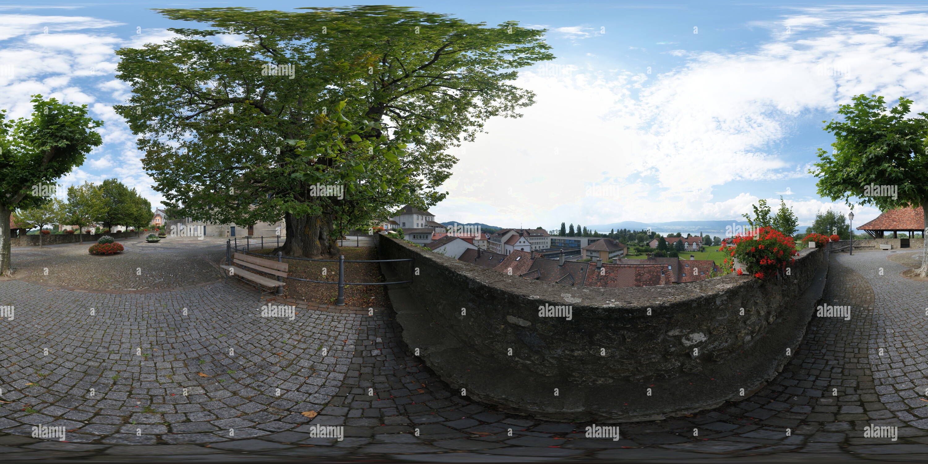 360 degree panoramic view of Switzerland Fribourg Estavayer Place De Moudon Nord