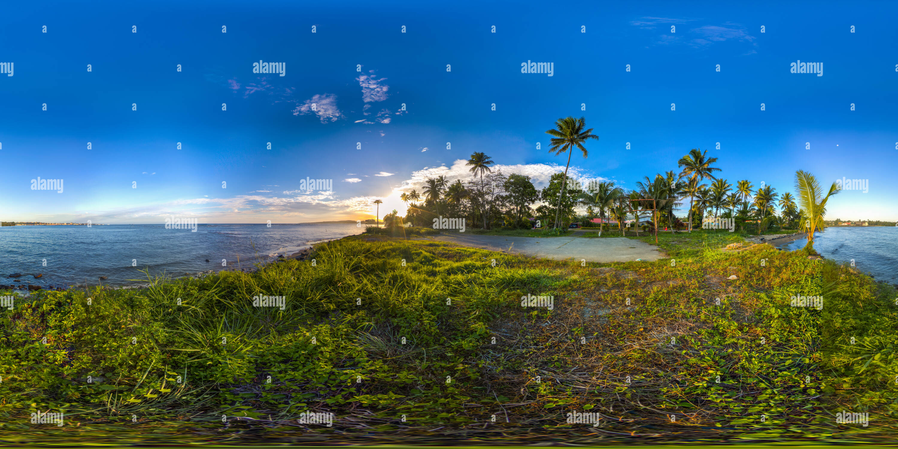360 degree panoramic view of Small park in Lami at sunset
