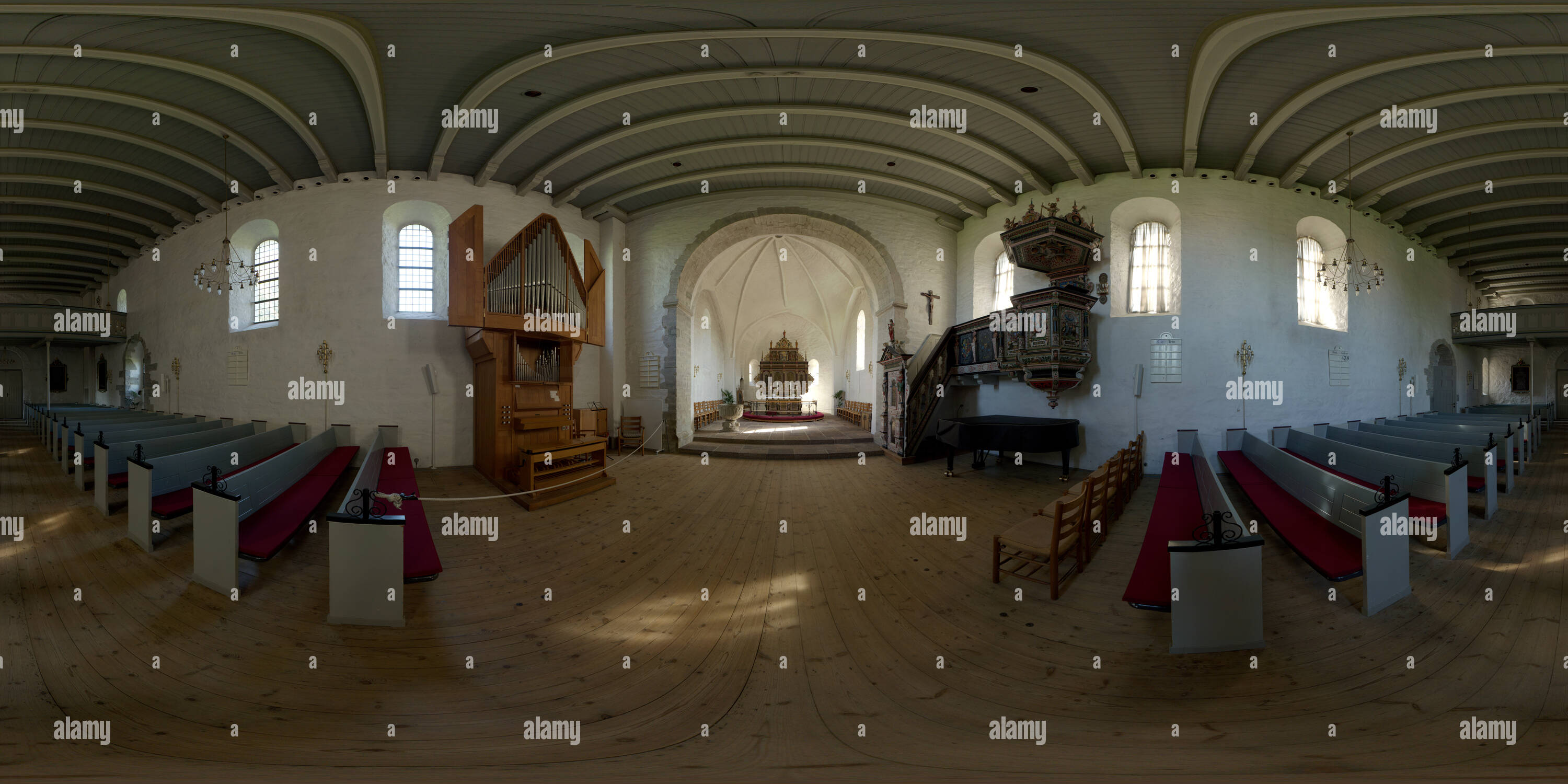 360 degree panoramic view of Aa Church in Aakirkeby, Bornholm